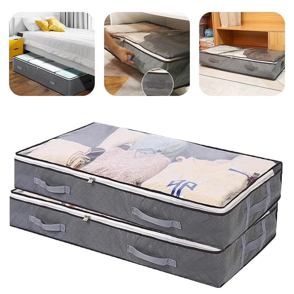 QUBEBU Aufbewahrungstasche 1/2/3 Stk 75L Unterbettkommode, Unterbett Aufbewahrungsbox mit deckel (Unterbett-Aufbewahrungstasche Kleideraufbewahrung, Decken Organisator, 2-tlg., für Kleidung, Bettdecken und Bettwäsche, Grau), Kleideraufbewahrung mit verstä