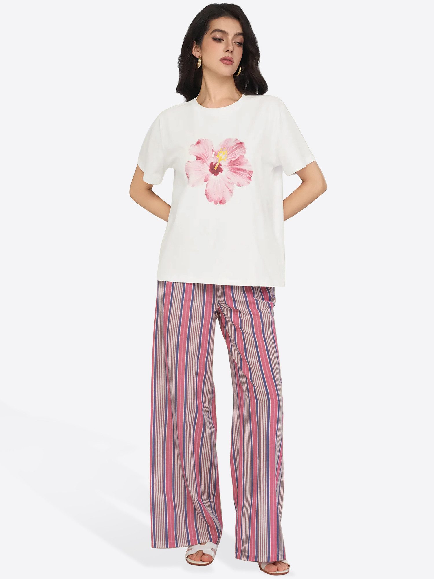 Imily Bela Hausanzug Damen Lässiges Heimset (Set, 2 tlg., Einfaches T-Shirt + Hochgeschnittene Weite Hose) mit Rundhalsausschnitt