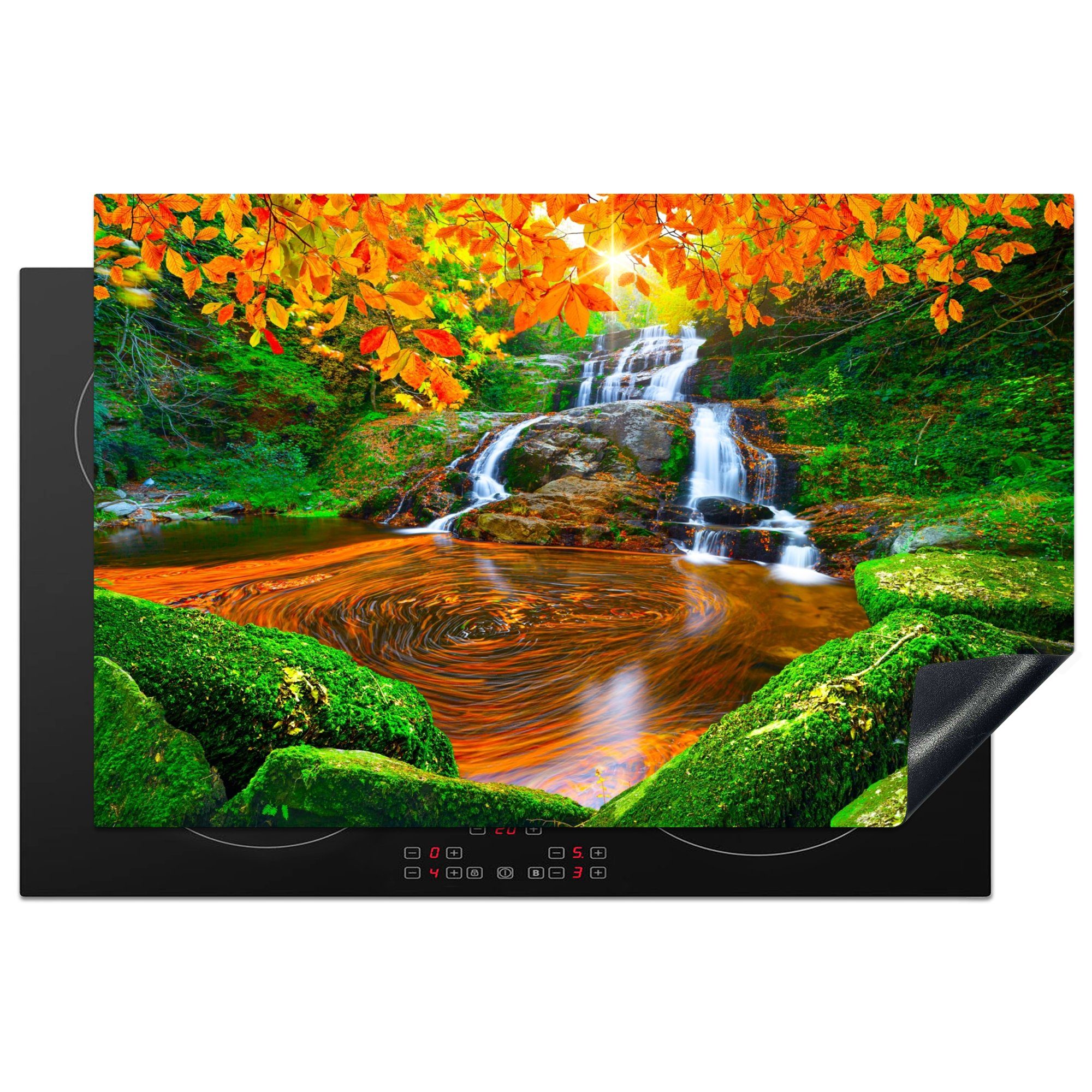 MuchoWow Herdblende-/Abdeckplatte Natur - Wasserfall - Steine - Moos - Blätter - Grün, Vinyl, (1 tlg), 81x52 cm, Induktionskochfeld Schutz für die küche, Ceranfeldabdeckung