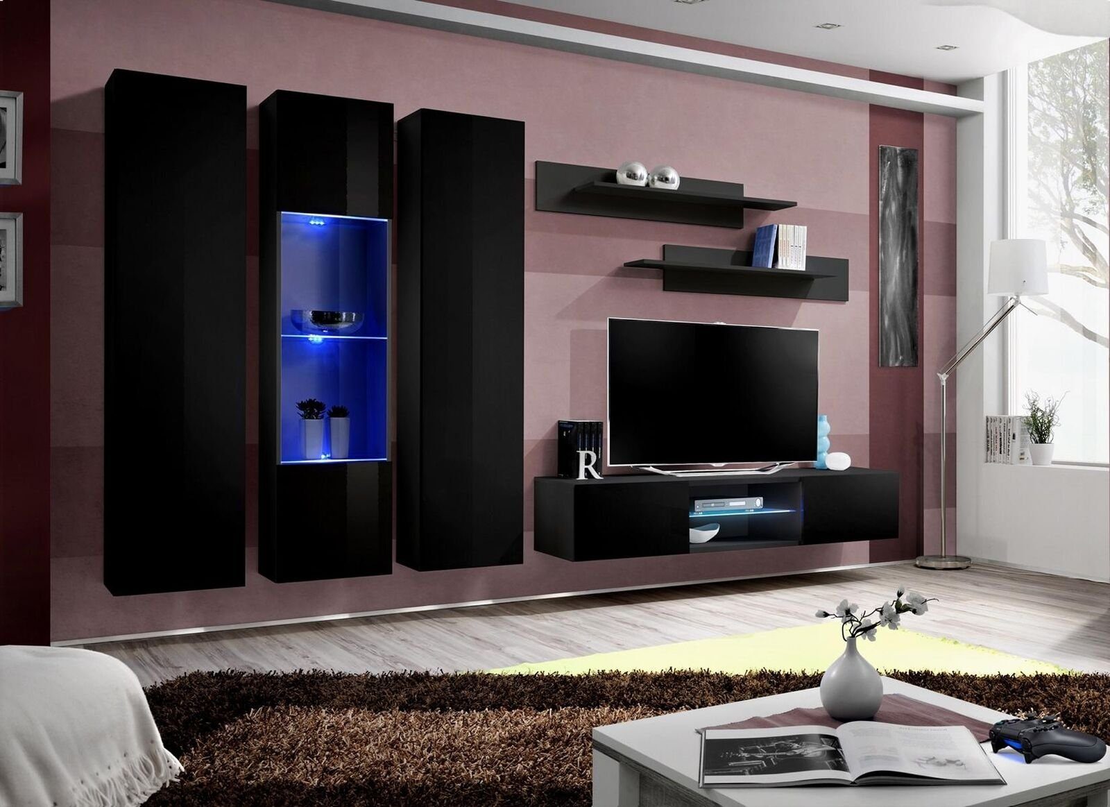 JVmoebel Wohnzimmer-Set Luxus Set TV Hänge Wohnwand+1x 1x Ständer, Schwarz TV (7-St., Wohnzimmer Ständer+2x Made Hänge Vitrine Wandschrank+1x Vitrine+2x Wohnwand Wandregal), Europa in