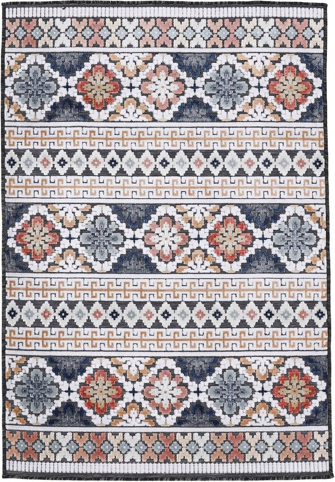 Teppich Deja 103, carpetfine, rechteckig, Höhe: 4 mm, robustes Flachgewebe,  Motiv- Floral Palmenblätter, Hoch-Tief Effekt