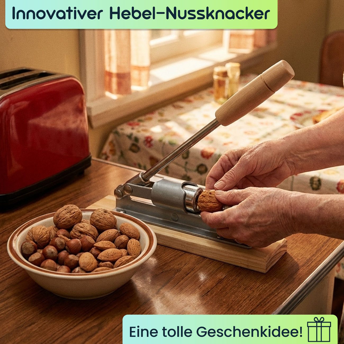King Hoff Nussknacker Hebel-Nussknacker im Retro-Design, Holz & Metall, kraftsparend, Deko, Innovativer Nussöffner aus Holz und Metall Hebeltechnik für Walnüsse