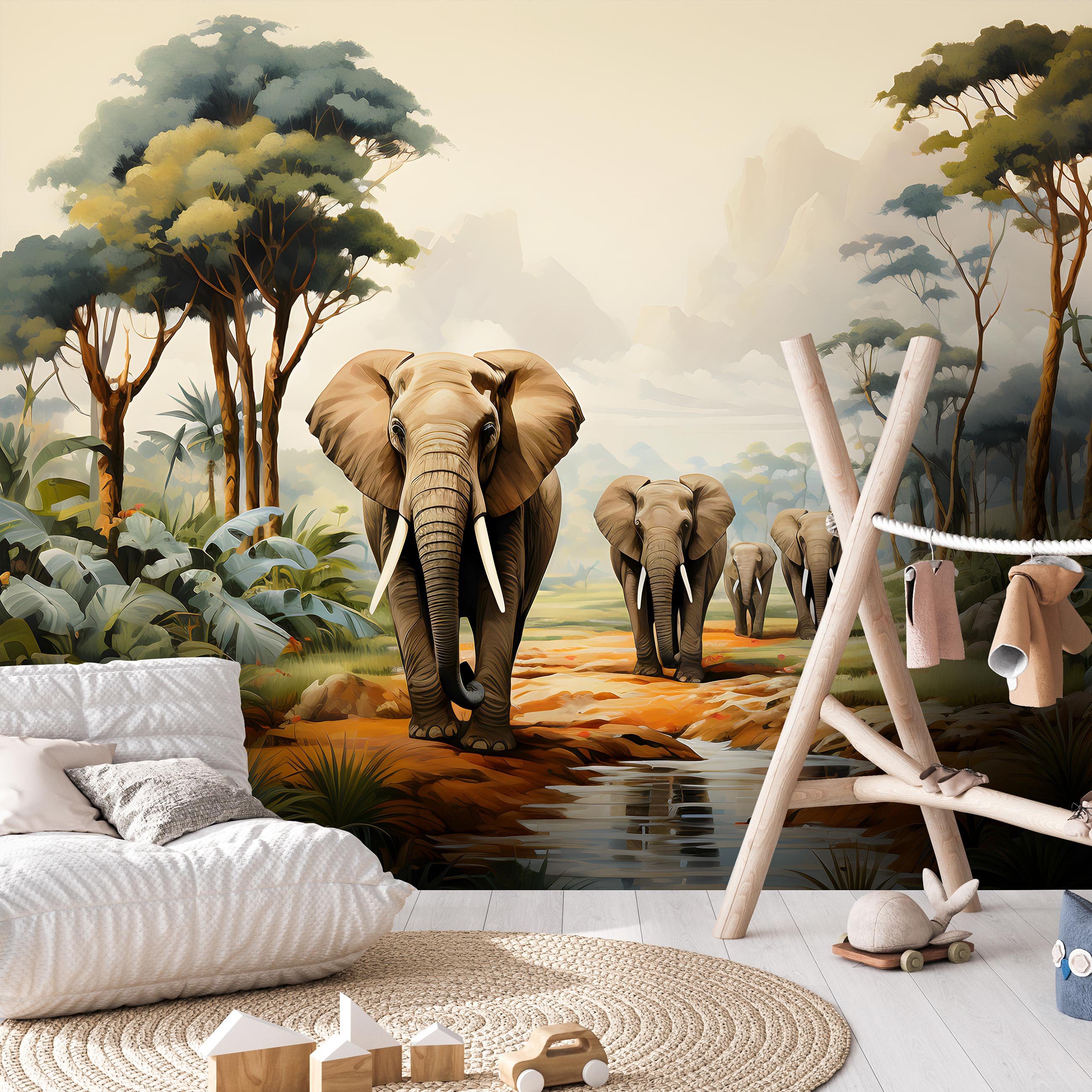 Tapete Schlafzimmer Gemalt, Motivtapete Kleister Vliestapete Elefant inklusive Wohnzimmer Tapete Glatt Vlies Dschungel Wallarena Fototapete Vlies Tiere, Struktur Vinyl, Wandtapete,