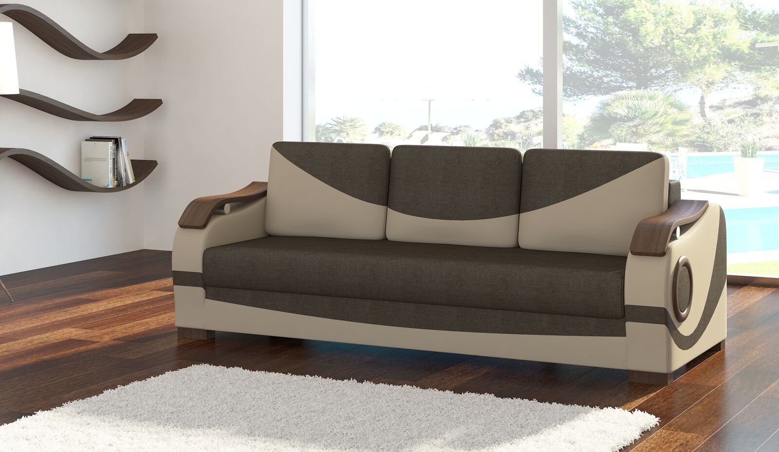 JVmoebel Sofa Sofagarnitur Puerto 3+1+1 Polster mit in Couch Set Bettfunktion Made Europe Braun/Beige Sofas