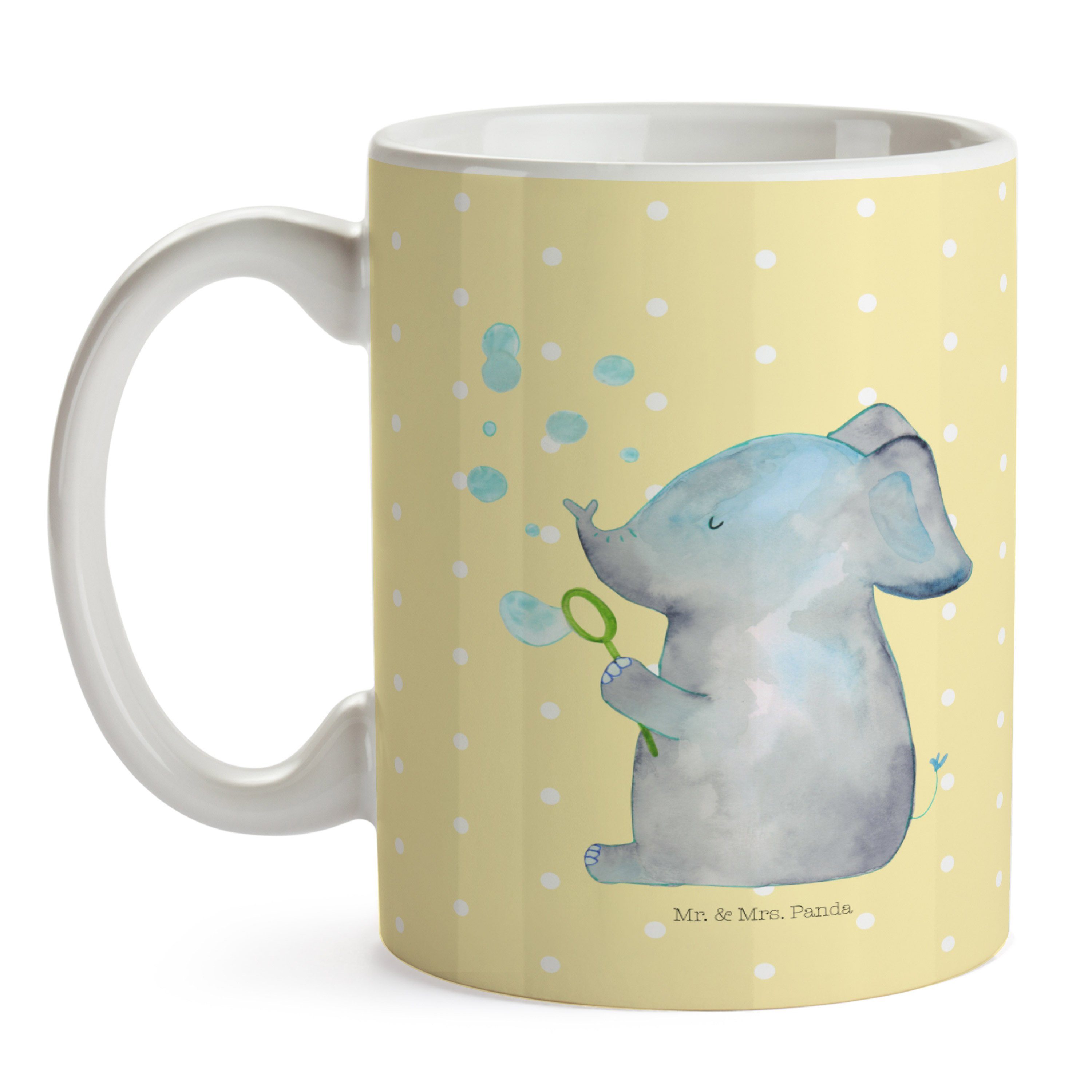 Mr. & Mrs. Panda Tasse Gelb - Ta, Seifenblasen - Elefant Geschenk, Pastell Liebesspruch, Keramik Büro