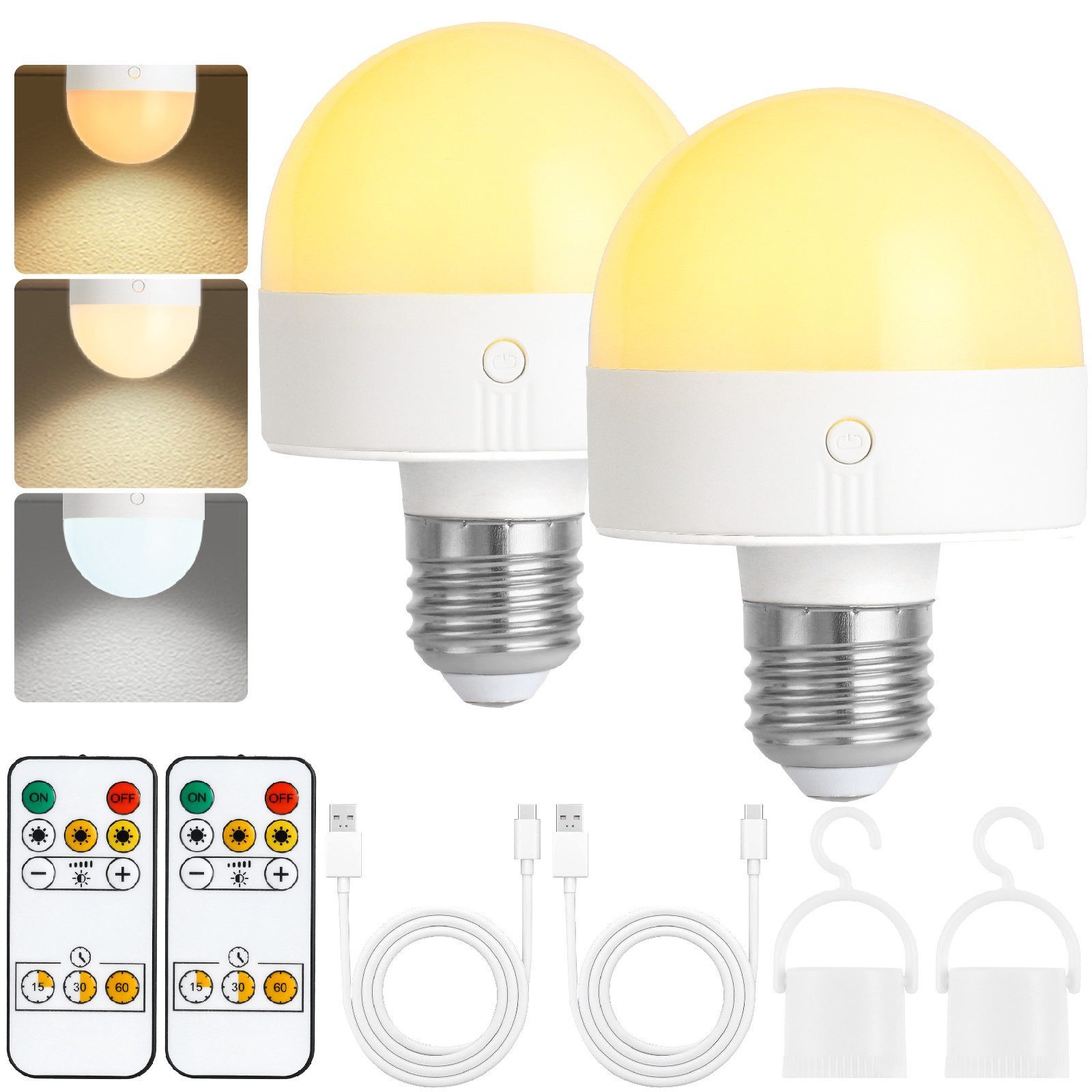 Ophy LED-Leuchtmittel Wiederaufladbare LED-Glühbirne B22 mit Magnetsockel, 2 St., dimmbar, Fernbedienung, Timer, 3 Farbtemperaturen – abnehmbar (Lade-LED-Lampe)