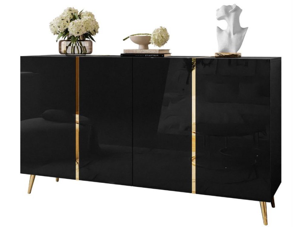 ALLHOUSE24 Kommode DIAMANT GOLD schwarz oder weiß Glanz goldene Metallfüße Sideboard, Breite 158 cm
