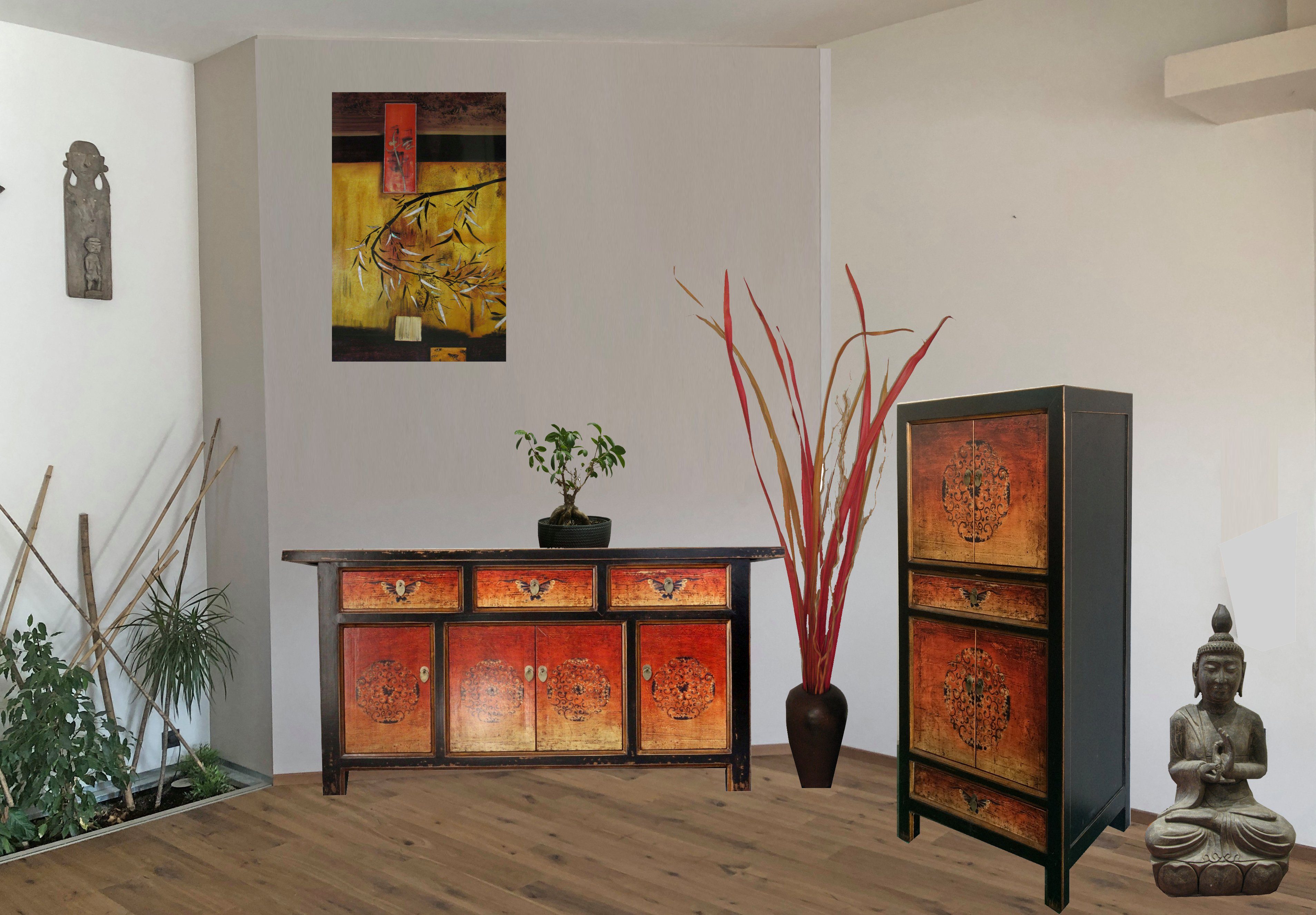 OPIUM OUTLET Wohnzimmer-Set Möbel-Kombination mit Hochzeitsschrank Landhaus-Stil, (Asia Wohnzimmer-Set bestehend aus Sideboard und Schrank schwarz-orange; komplett montiert, 2-St), chinesisch asiatisch orientalisch vintage Schrank Kommode Sideboard