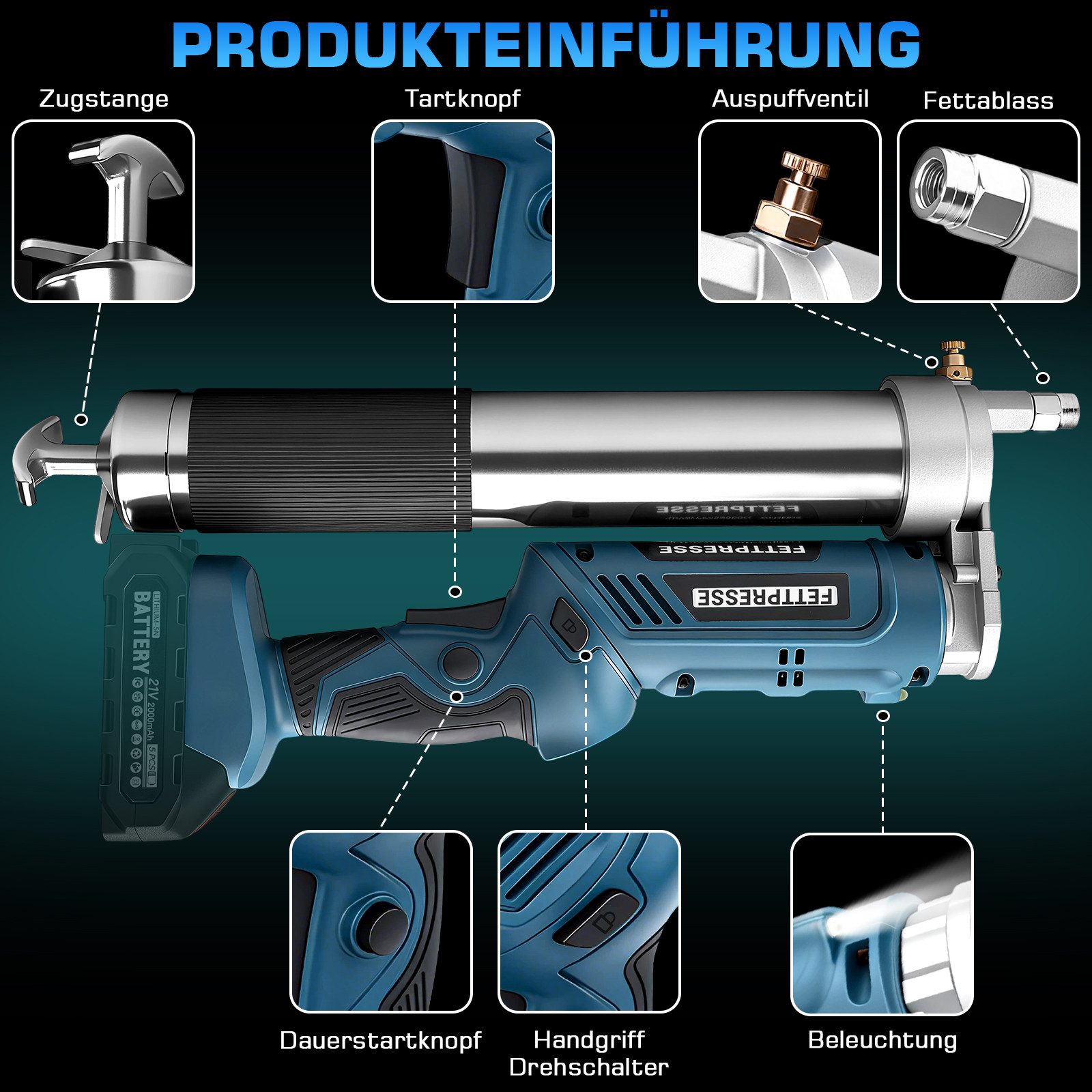XERSEK Akku-Kartuschenpistole Akku Fettpresse 2-in-1 Elektrische Schmierpistole 12000 PSI 3 Düse, 600 ml, (Set, Bürstenloser Motor, 100cm Flexschlauch, LED, 600g Kapazität), Für Lager, Hydraulik, Maschinen, Fahrzeuge, Landwirtschaft & Bau