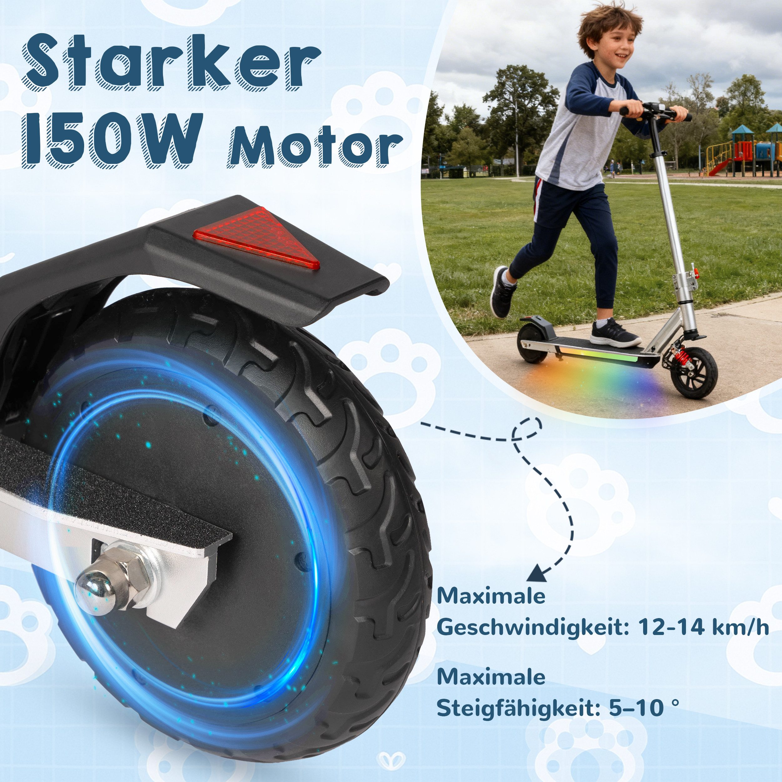 Vankel Elektro-Kinderroller ab 10 Jahren, klappbar, EBS+Fußbremse, farbiger Beleuchtung, mit Haken, 14km/h, E-Scooter für Kinder, 10-15km, höhenverstellbar