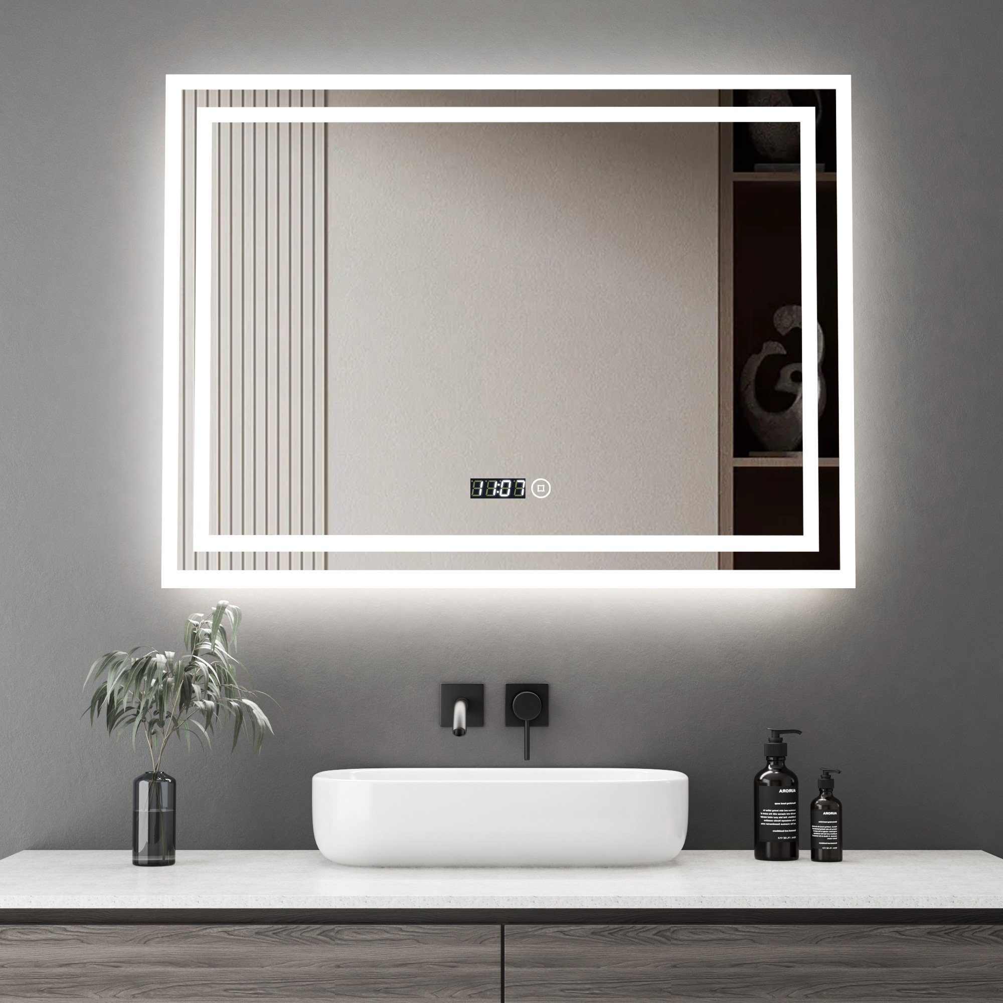 WDWRITTI Wandspiegel Badspiegel Led 80x60 mit Uhr 3Lichtfarben Helligkeit dimmbar (Spiegel mit beleuchtung, Speicherfunktion), Energiesparend, IP44