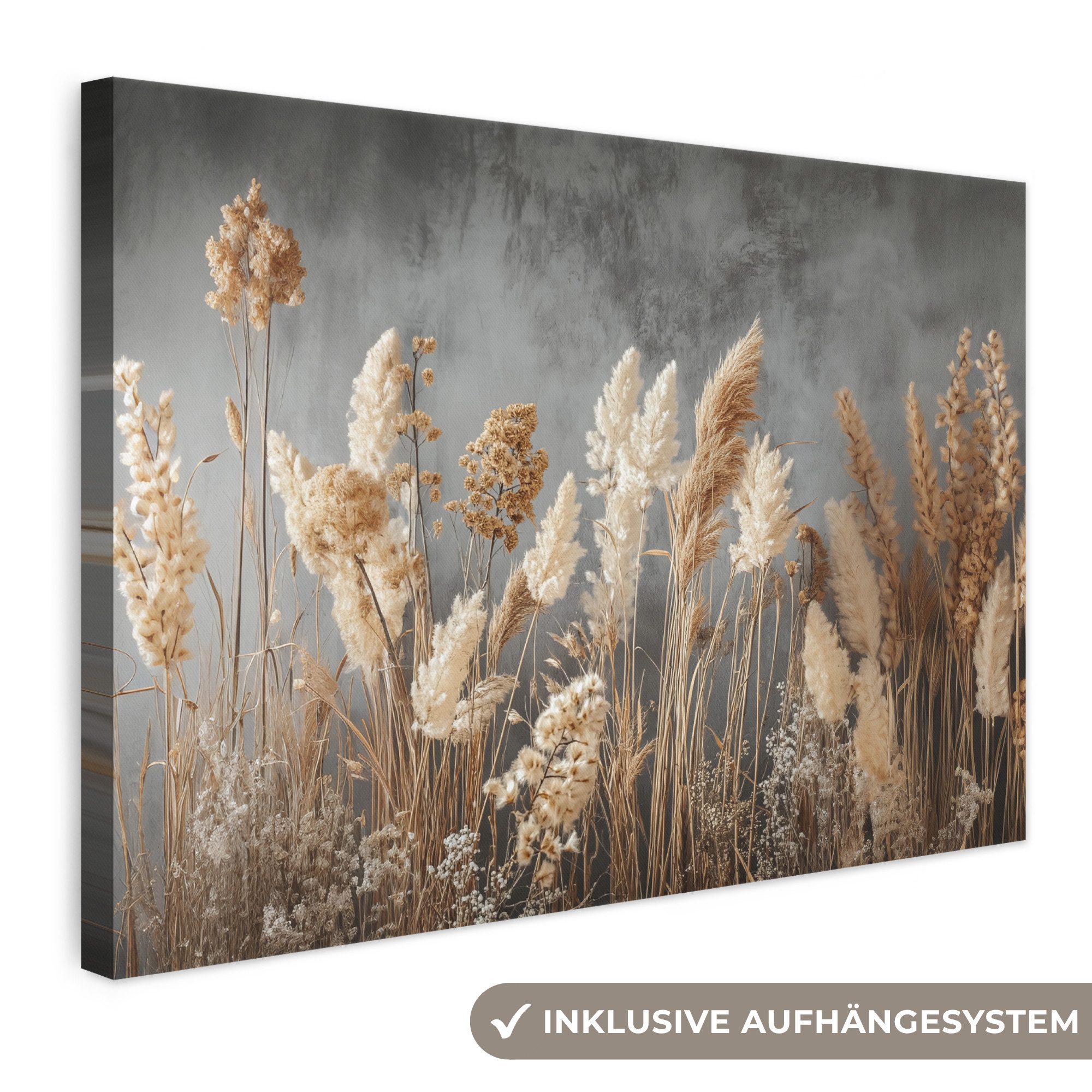 OneMillionCanvasses® Leinwandbild Getrocknete Feldblumen - Grau - Beton, Fotodruck (1 St), Leinwand Bilder Klein, Wand Dekoration Aesthetic 30x20 cm
