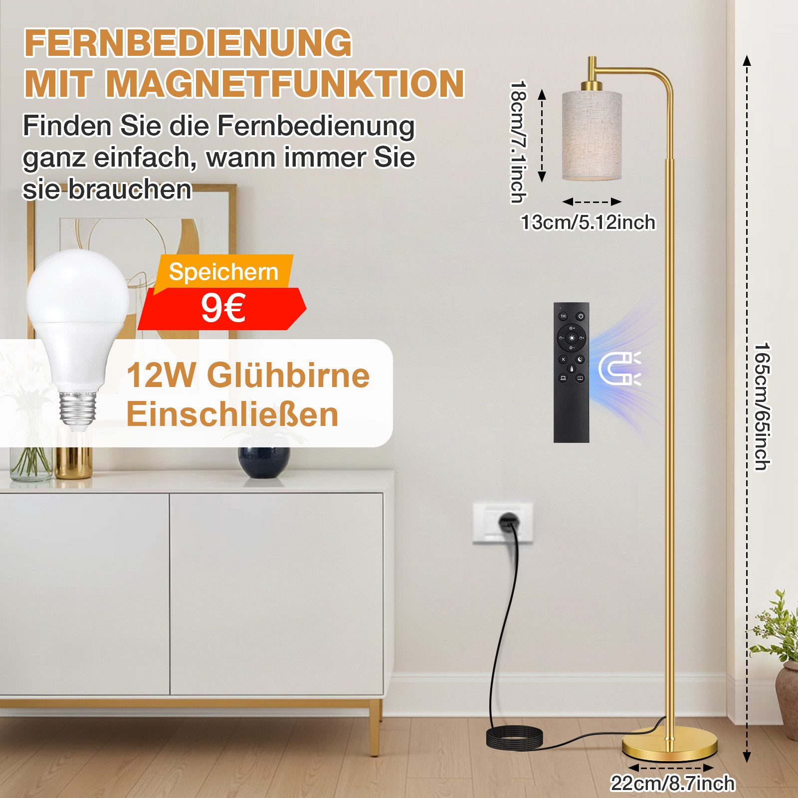 Sunicol Stehlampe Stehlampe Wohnzimmer, Dimmbar, Leinen-Lampenschirm, 4 Farbtemperaturen, LED wechselbar, 12W, E27, Timer, mit Fernbedienung&Fußschalter, für Schlafzimmer