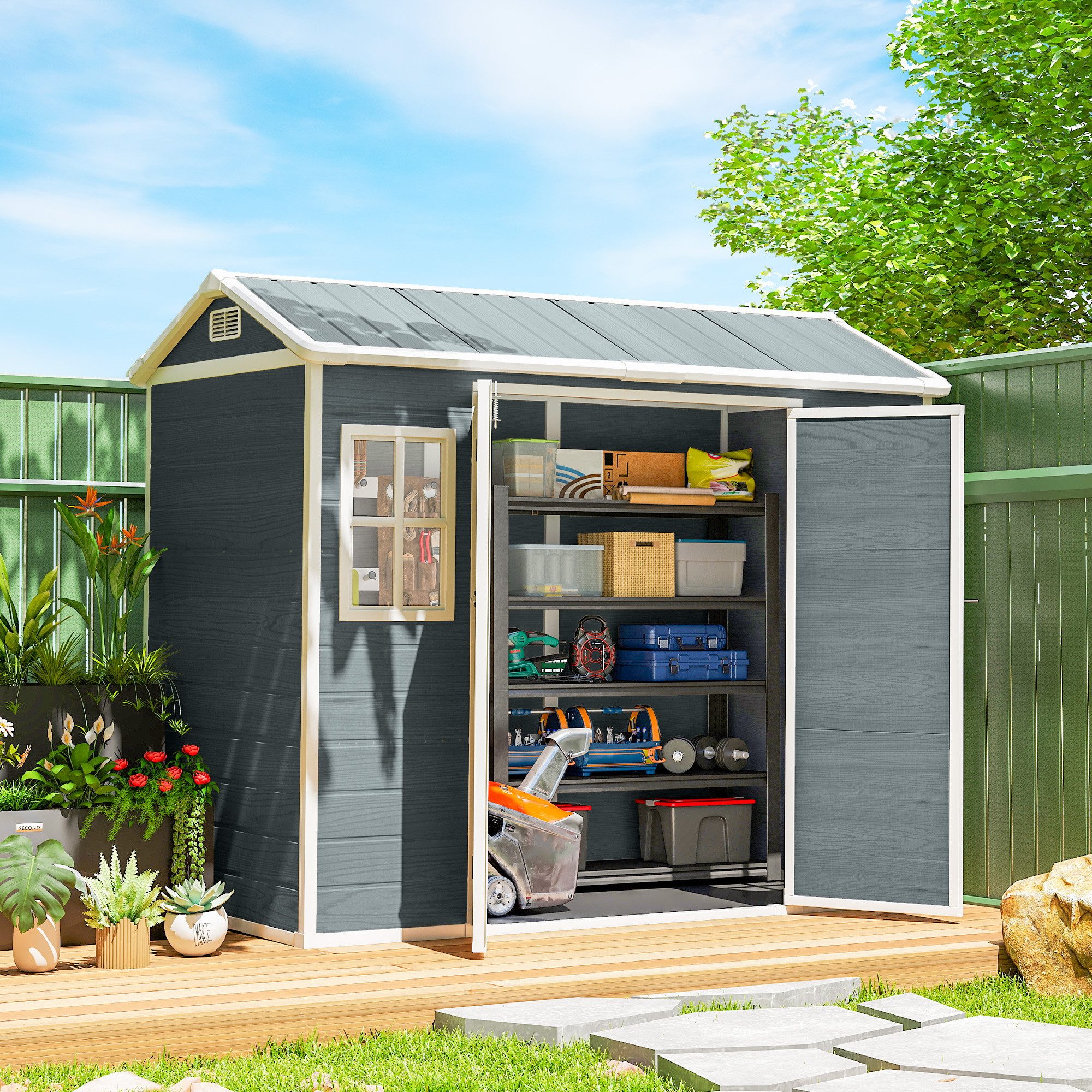 Outsunny Gerätehaus mit Holzoptik, 2 Fenster, Satteldach, Doppeltür, Belüftung, Boden, BxT: 244x131 cm, (Geräteschuppen, 1 St., Gartenschuppen), für Werkzeuge Fahrrad