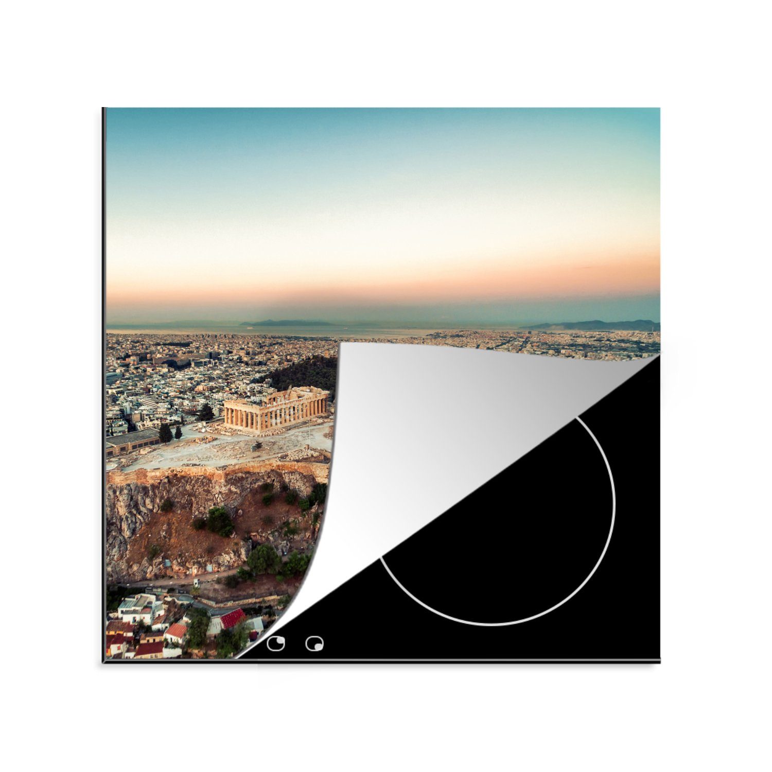 MuchoWow Herdblende-/Abdeckplatte für - Skyline - (1 cm, Ceranfeldabdeckung, Athen, Akropolis Arbeitsplatte 78x78 küche tlg), Vinyl