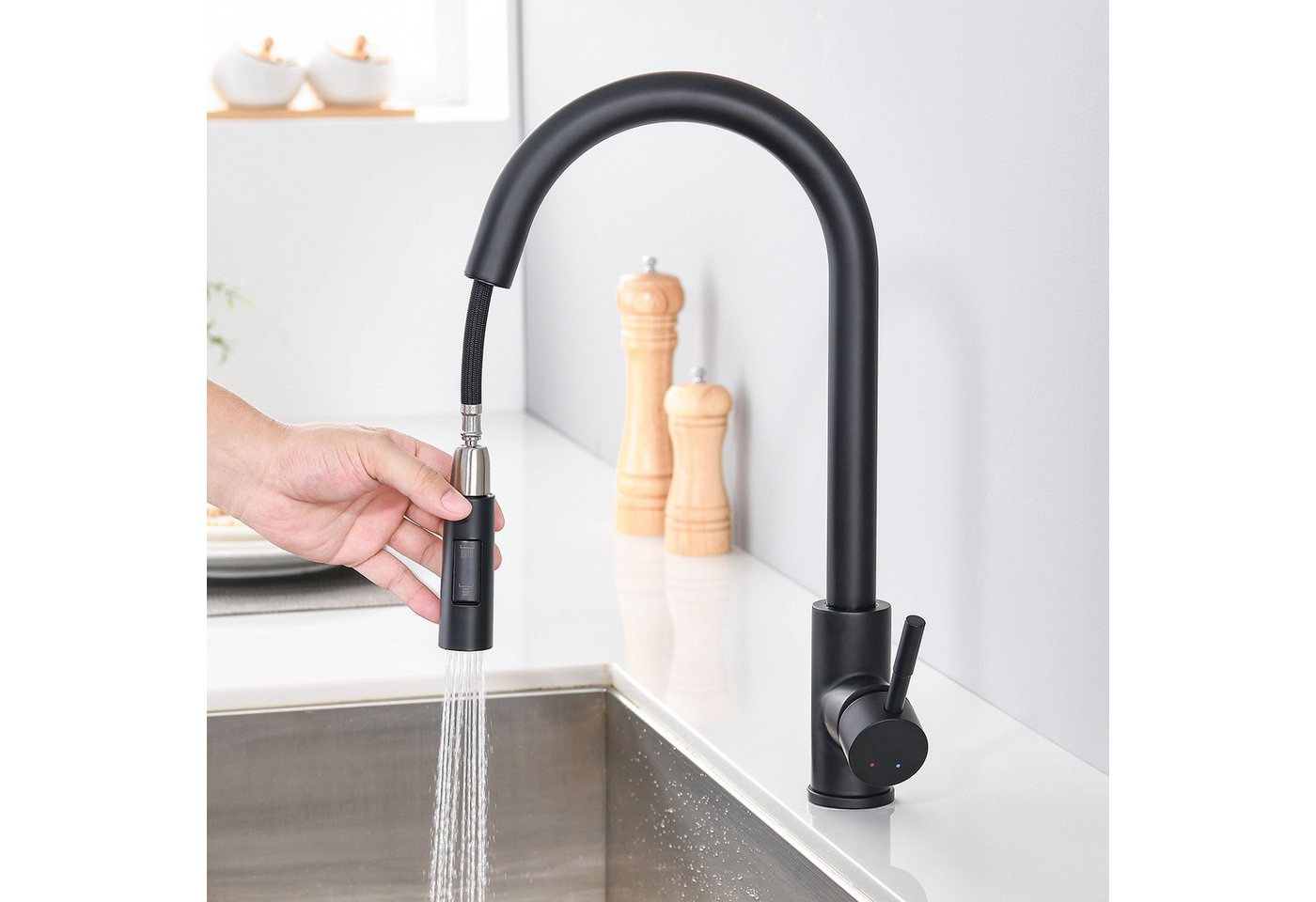 Thumbnail - Auralum Max Küchenarmatur Hochdruck Wasserhahn Küche ausziehbar mit 2 Strahlarten (Einhebelmischer, Küche Mischbatterie)...