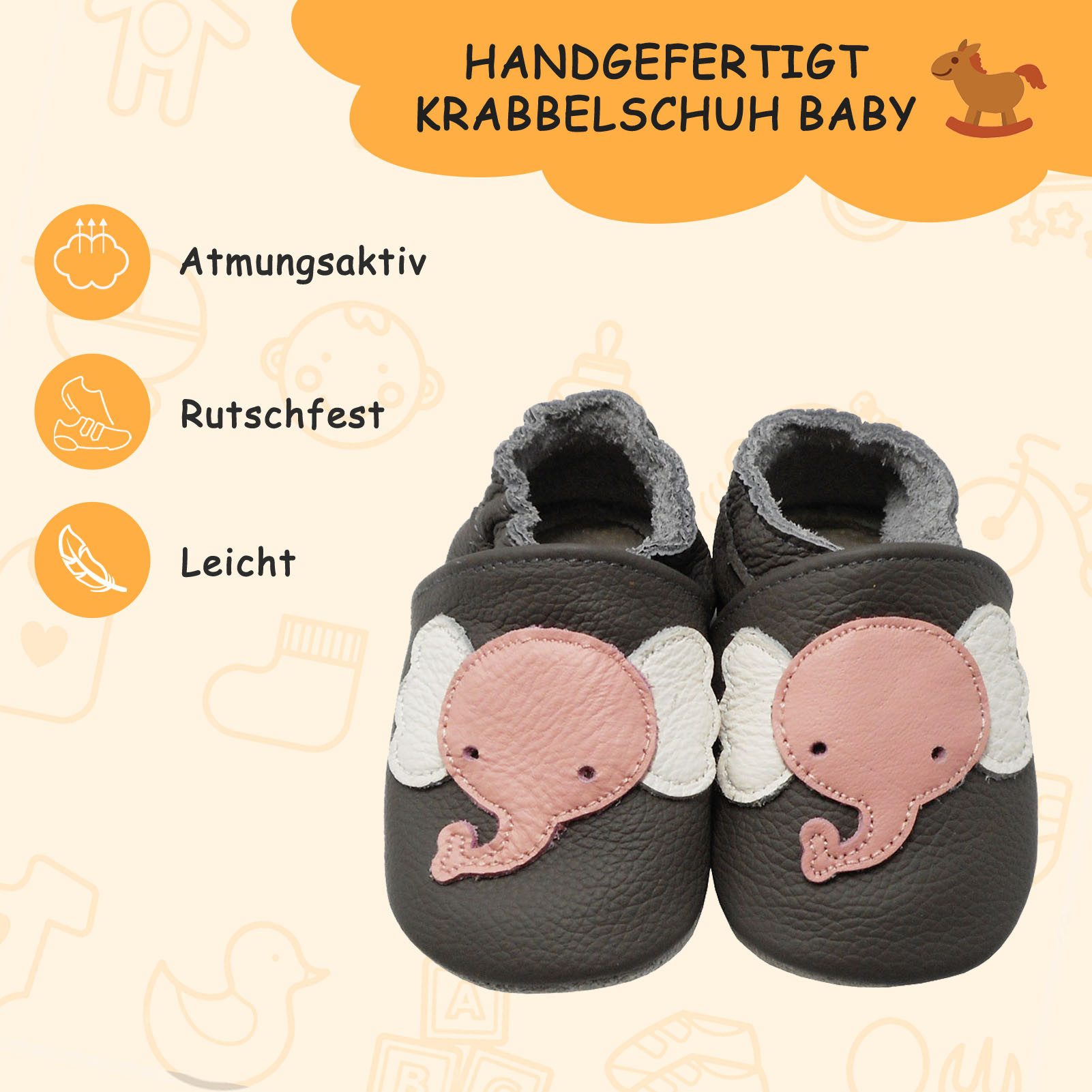 Yalion Weiche Leder Lauflernschuhe Hausschuhe Lederpuschen Elefant Grau Krabbelschuh