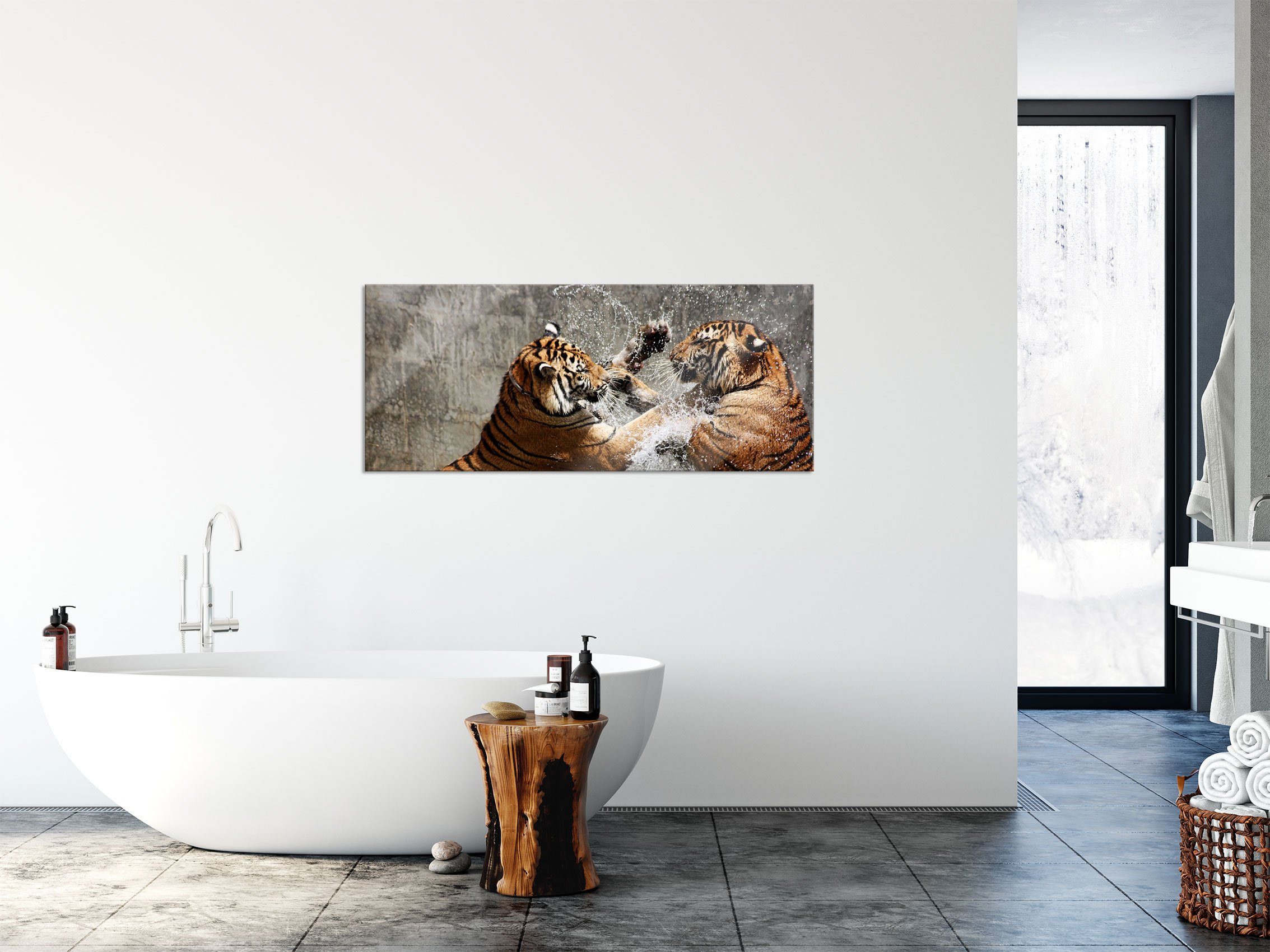 Glasbild Wasser Tiger im Kämpfende Aufhängungen Pixxprint (1 aus St), im Abstandshalter Wasser, Kämpfende Tiger und Glasbild inkl. Echtglas,