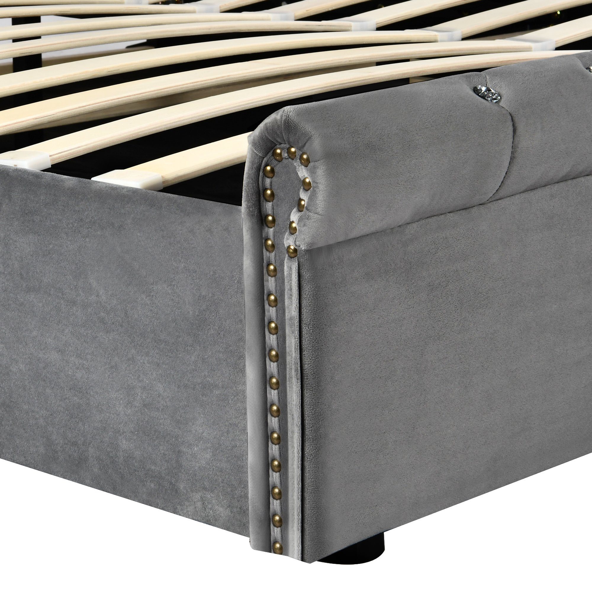 Boxspringbett (Doppelbett 160 x 200 cm, Polsterbett mit kristall schnalle, Lattenrost und Bettkasten), Hydraulisches Bett Funktionsbett mit höhenverstellbar Kopfteil, Samt
