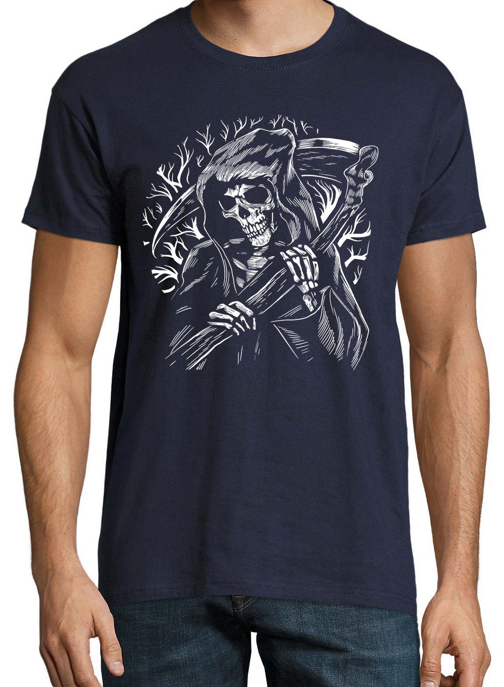 trendigem Sensenmann Reaper Designz Herren Frontprint Shirt T-Shirt Navyblau mit Youth