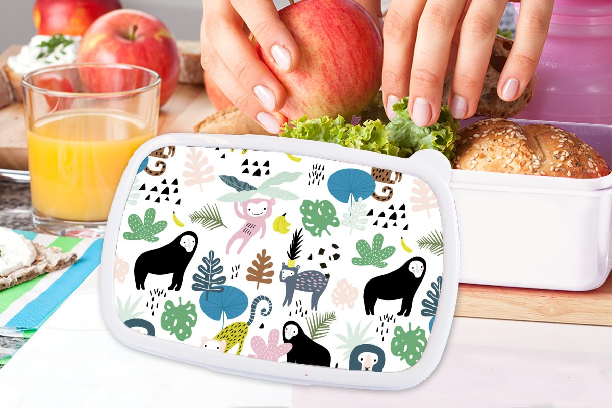 Mädchen und Jungs - Brotbox für MuchoWow weiß Lunchbox - Kunststoff, (2-tlg), Tiere Brotdose, Dschungel, und Pflanzen Kinder für Erwachsene,