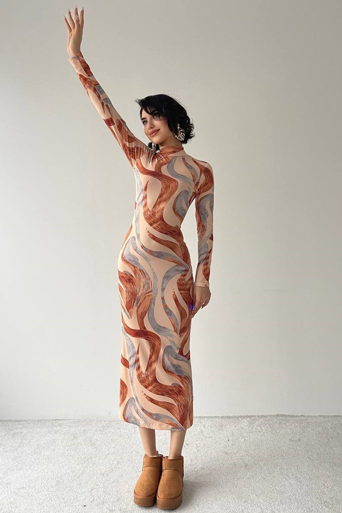 Abendkleid Midikleid mit geometrischem Muster und Digitaldruck, hohem Kragen