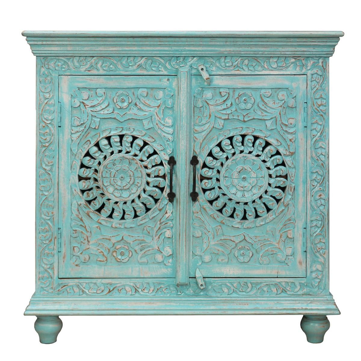 Oriental Galerie Unterschrank Türkises Sideboard Kommode Taralea Indien 90 cm Kommode Landhausstil Weiß, Holzkommode massiv, Shabby Chic, Vintage