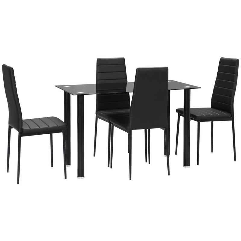 HOMCOM Essgruppe Esstisch mit 4 Stühlen, Küchentisch mit Hartglasplatte, (Esszimmermöbel, 5-tlg., Esstisch Set), für Küche, Esszimmer, Stahl, Schwarz