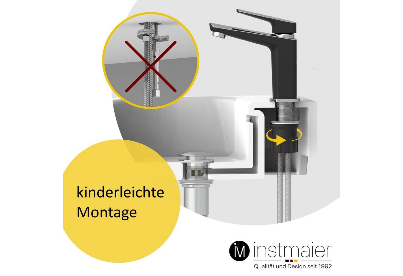 Thumbnail - instmaier Waschtischarmatur B2 Wasserhahn für Bad, Waschbeckenarmatur in edlem Design schwarzer Körper mit elegant spieg...