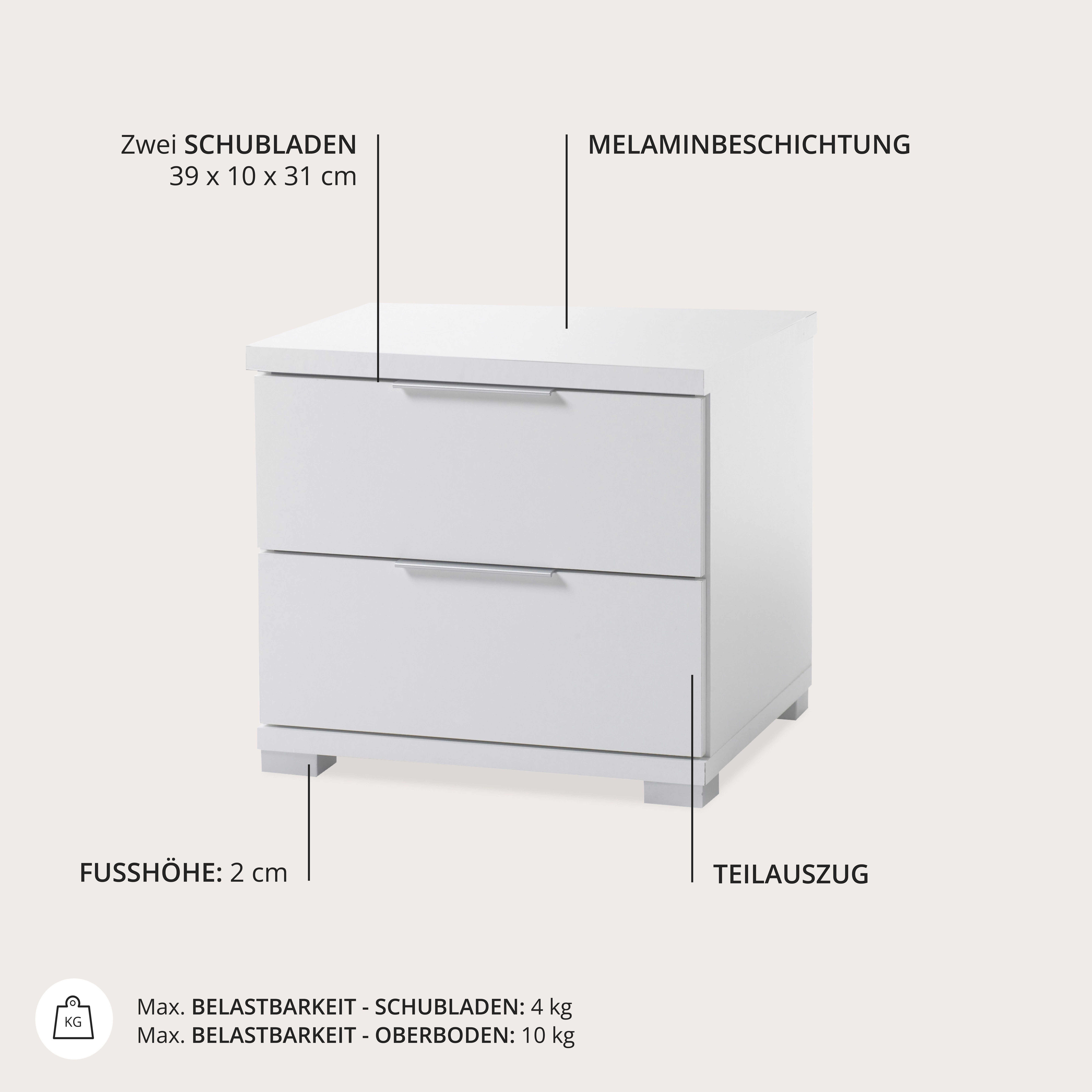 Schlafkontor Nachtkommode Smilla Nachttisch, Nachtkonsole mit Schubkästen, Korpus melaminbeschichtet, silberfarbige oder schwarze Griffe