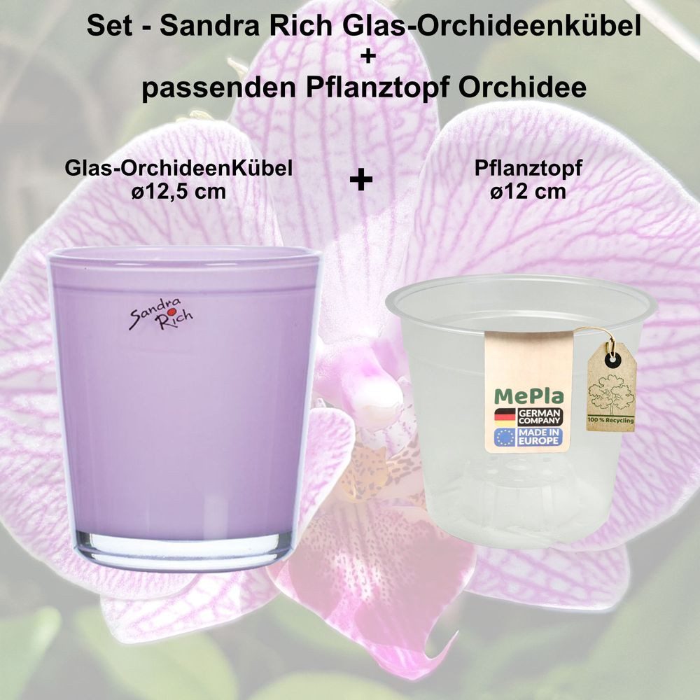 Thumbnail - Heimwerkercenter Übertopf MePla - 2 Stück - Glas-Orchideenkübel ø 12,5 Pink + Pflanztopf 12