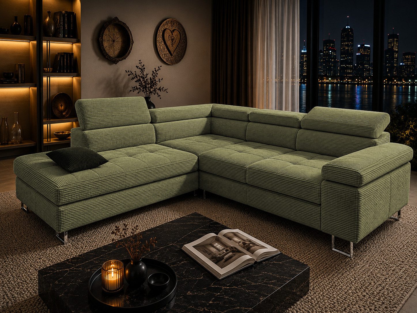 Goldstoff Ecksofa mit Schlaffunktion, Cord Couch für Wohnzimmer - Cord Ecksofa, Cord Sofa VOYAGE 2 Teile, Großer Bettkasten