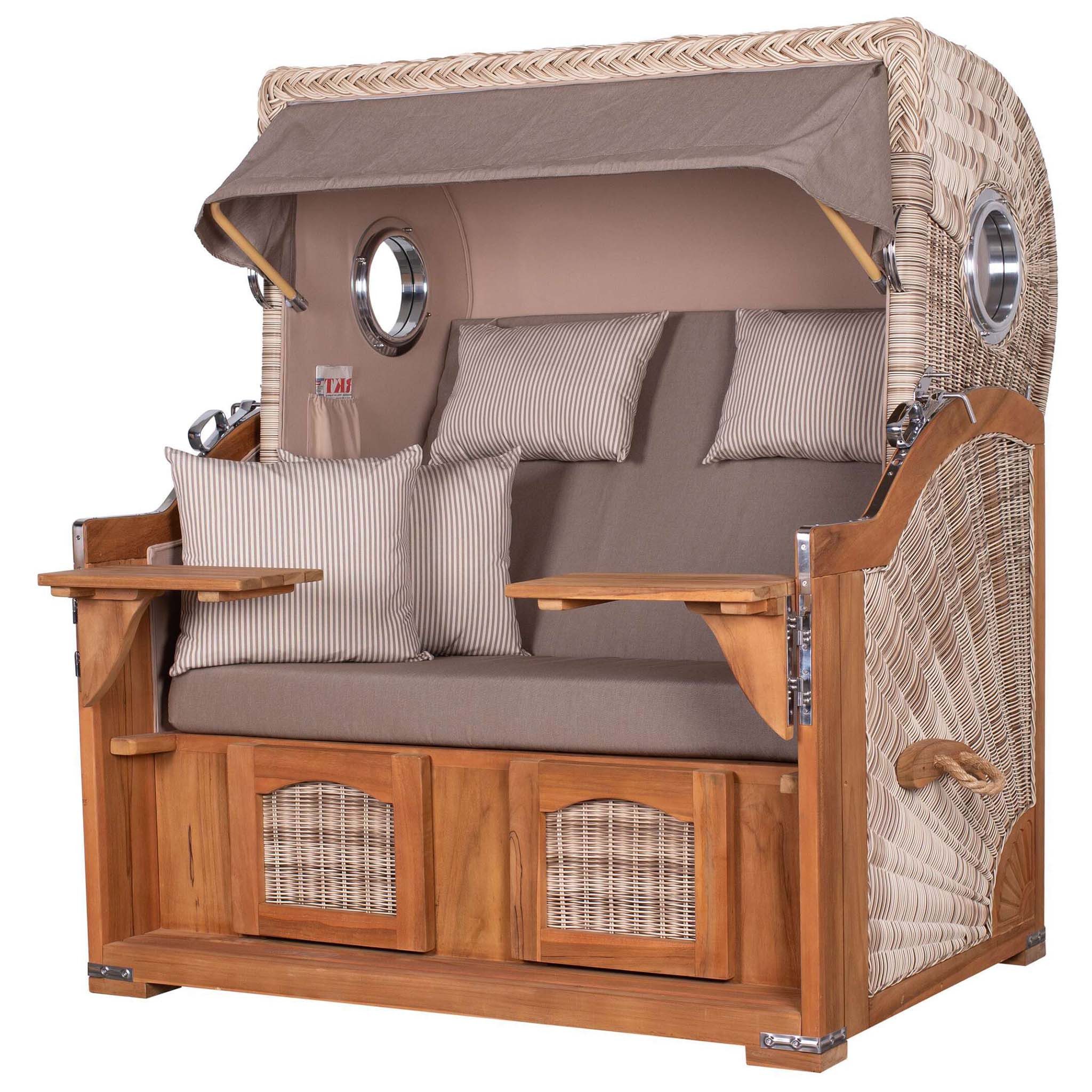 bene living Strandkorb Ammersee Grande XL 2,5-Sitzer Teak - PE shell - Modell 534, BxTxH: 142x95x165 cm, Volllieger, Ostsee-Strandkorb, (Strandkorb-Komplettset, 5-tlg., Strandkorb inkl. Liftersystem und umfangreichem Zubehör), mit Windschutzfolie, Bistrotischen und bequemer Polsterung