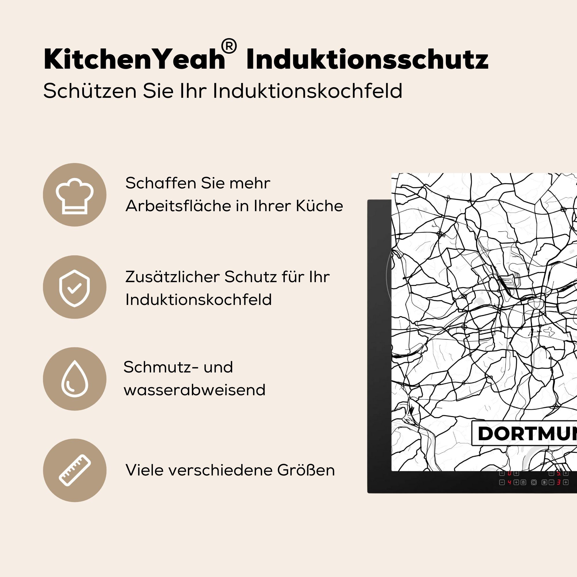MuchoWow Arbeitsplatte - 78x78 Vinyl, Herdblende-/Abdeckplatte - Ceranfeldabdeckung, tlg), für Karte küche Stadtplan, (1 cm, Dortmund