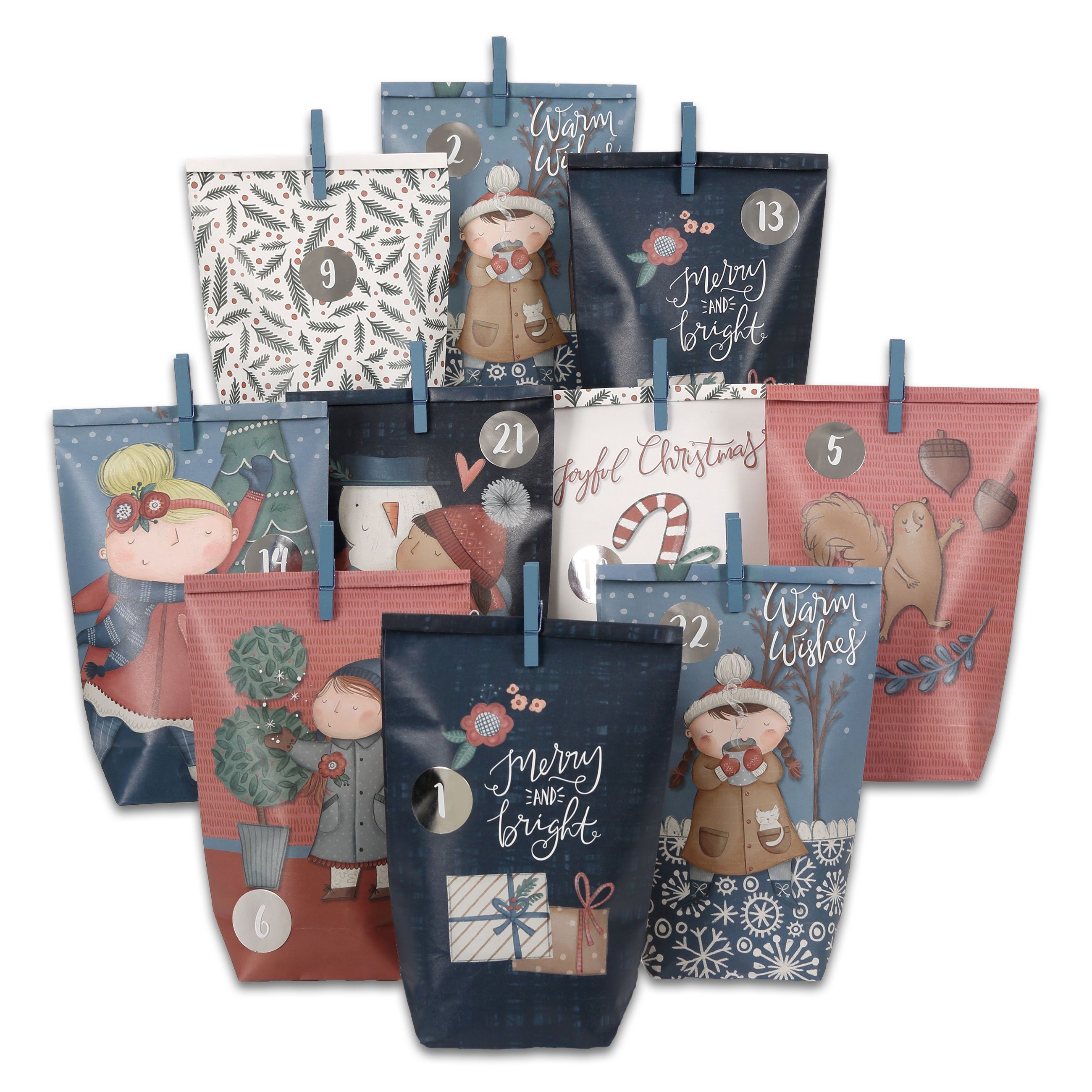PAPIERDRACHEN befüllbarer Adventskalender Adventskalender mit bedruckten Tüten, Adventskalender zum selber befüllen
