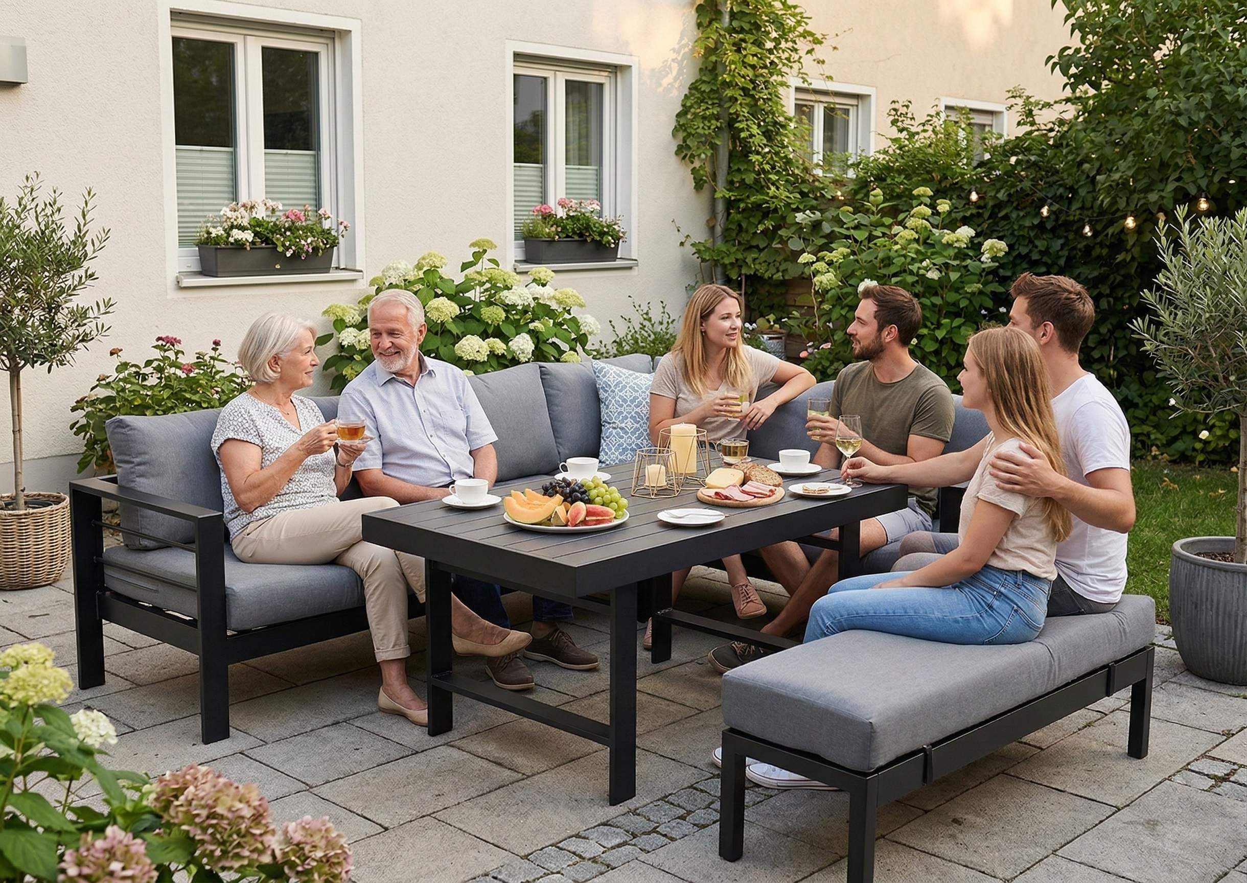 MeXo Gartenlounge-Set XXL Outdoor Lounge Set mit Esstisch, (wetterfeste modulare Ecklounge aus Aluminium, 5-tlg., Gartenmöbel Set für 6-8 Personen), 12cm Deluxe – Bild 4 von 5