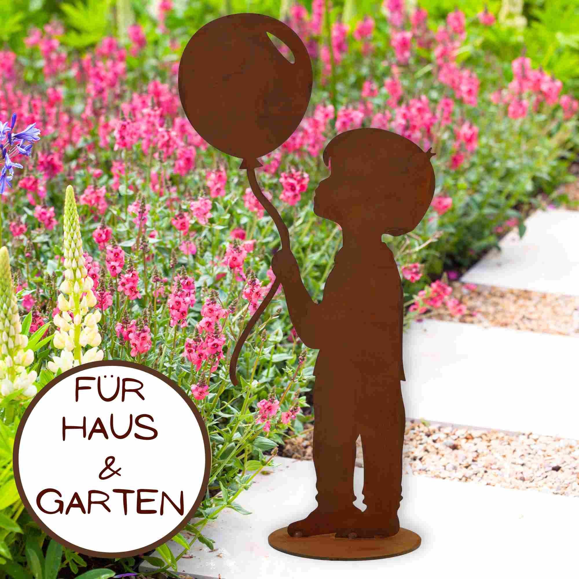 Rostikal Dekofigur Gartenfigur Junge mit Echter Rost Luftballon