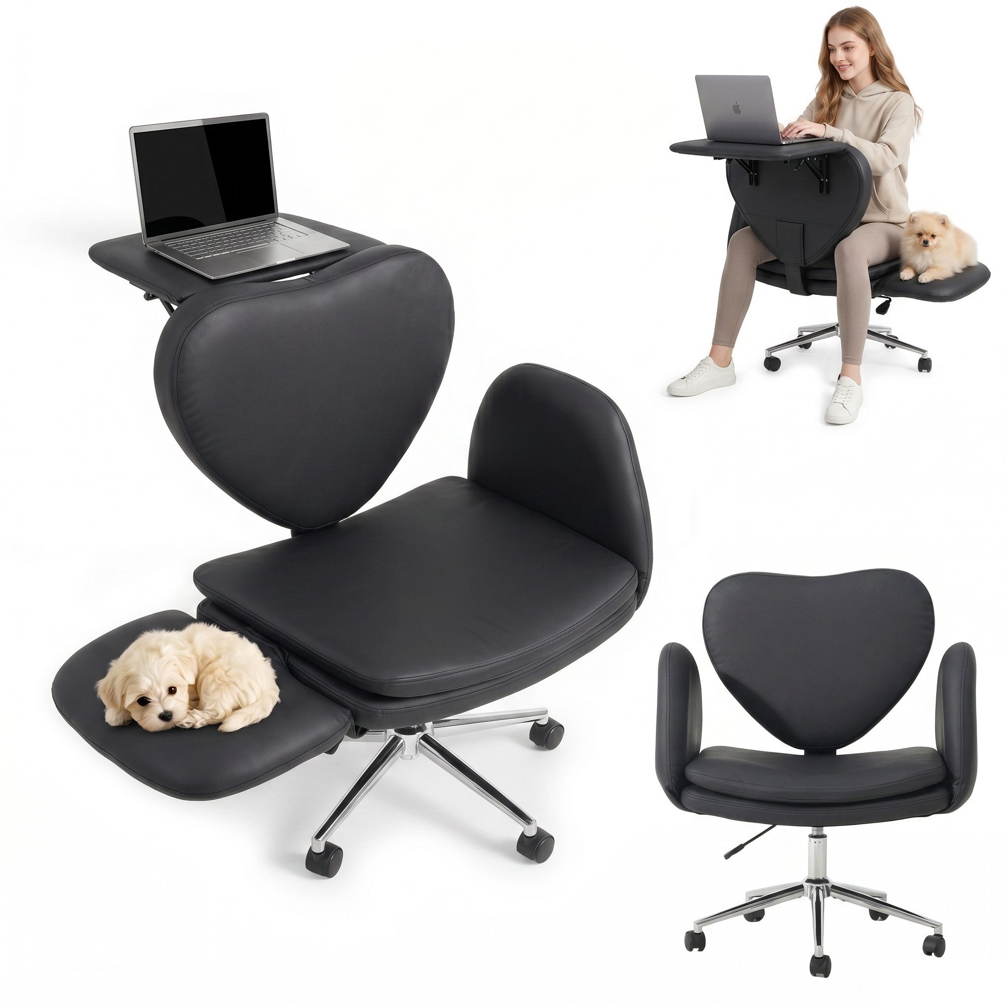 Patbrela Drehstuhl Bürostuhl Chefsessel Ergonomisch mit klappbaren Armlehnen, drehbar, mit klappbarer Tischplatte für Laptop und Rollen