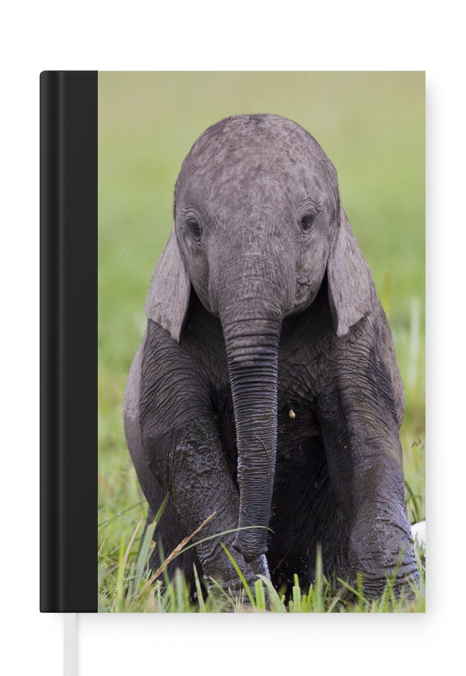 MuchoWow Notizbuch Elefant - Baby - Tiere - Gras - Natur, Journal, Merkzettel, Tagebuch, Notizheft, A5, 98 Seiten, Haushaltsbuch