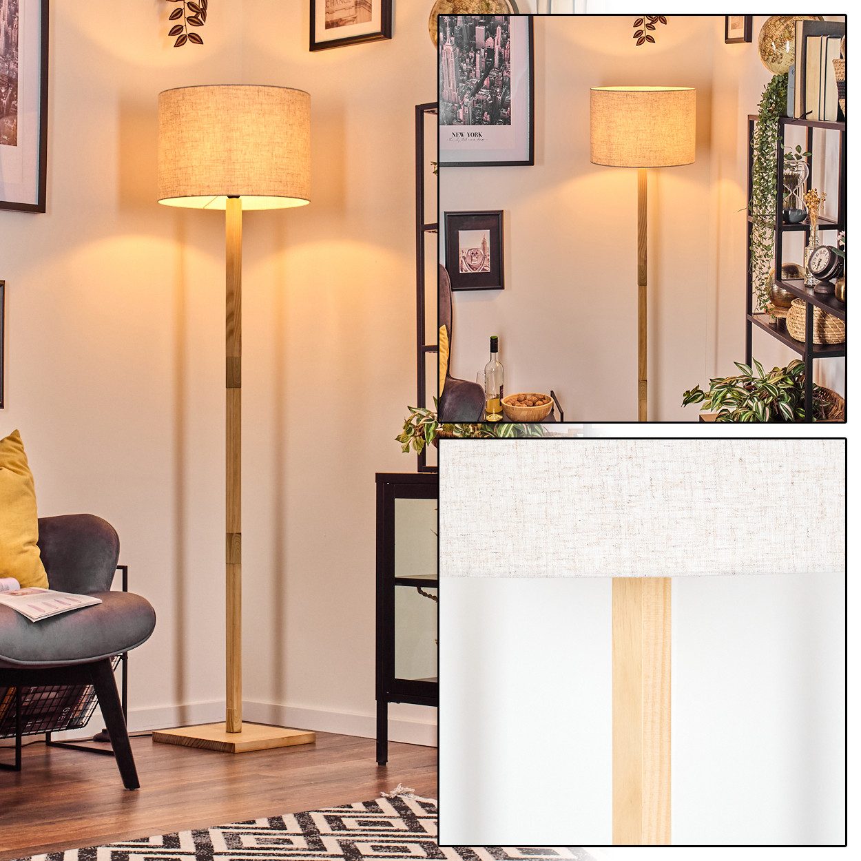 hofstein Stehlampe Stehlampe mit Holzfuß und Schirm aus Stoff, ohne Leuchtmittel, Boho-Style, skandinavisches Design (40 cm), Fußschalter, 1 x E27