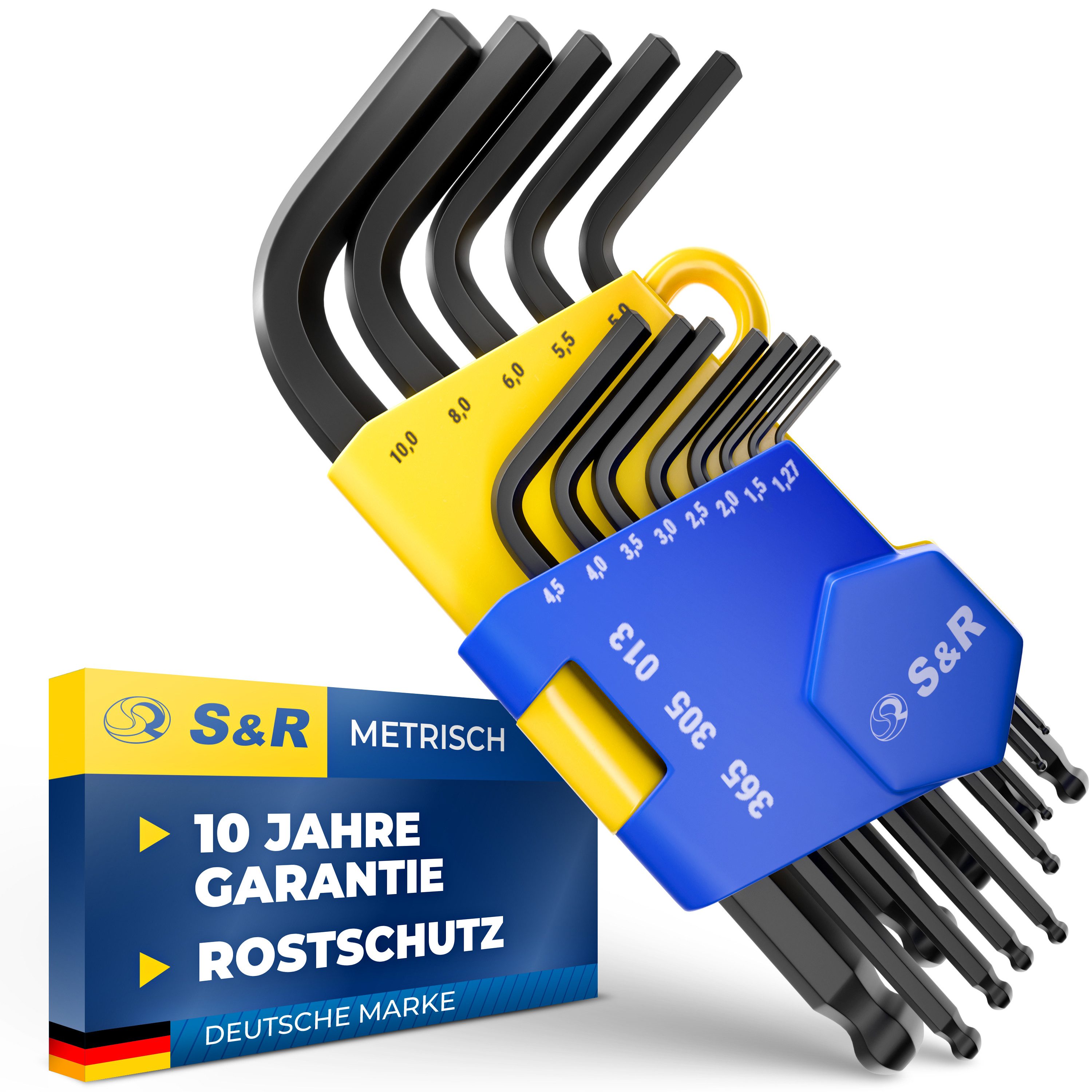 S&R Winkelschlüssel Шестигранный ключ mit Kugelkopf, Cr-V Stahl gehärtet, kurz, (Set, 13-tlg, 1,27 bis 10 mm), Sechskantschlüssel im Halter ideales kompaktes Fahrrad Werkzeug Set