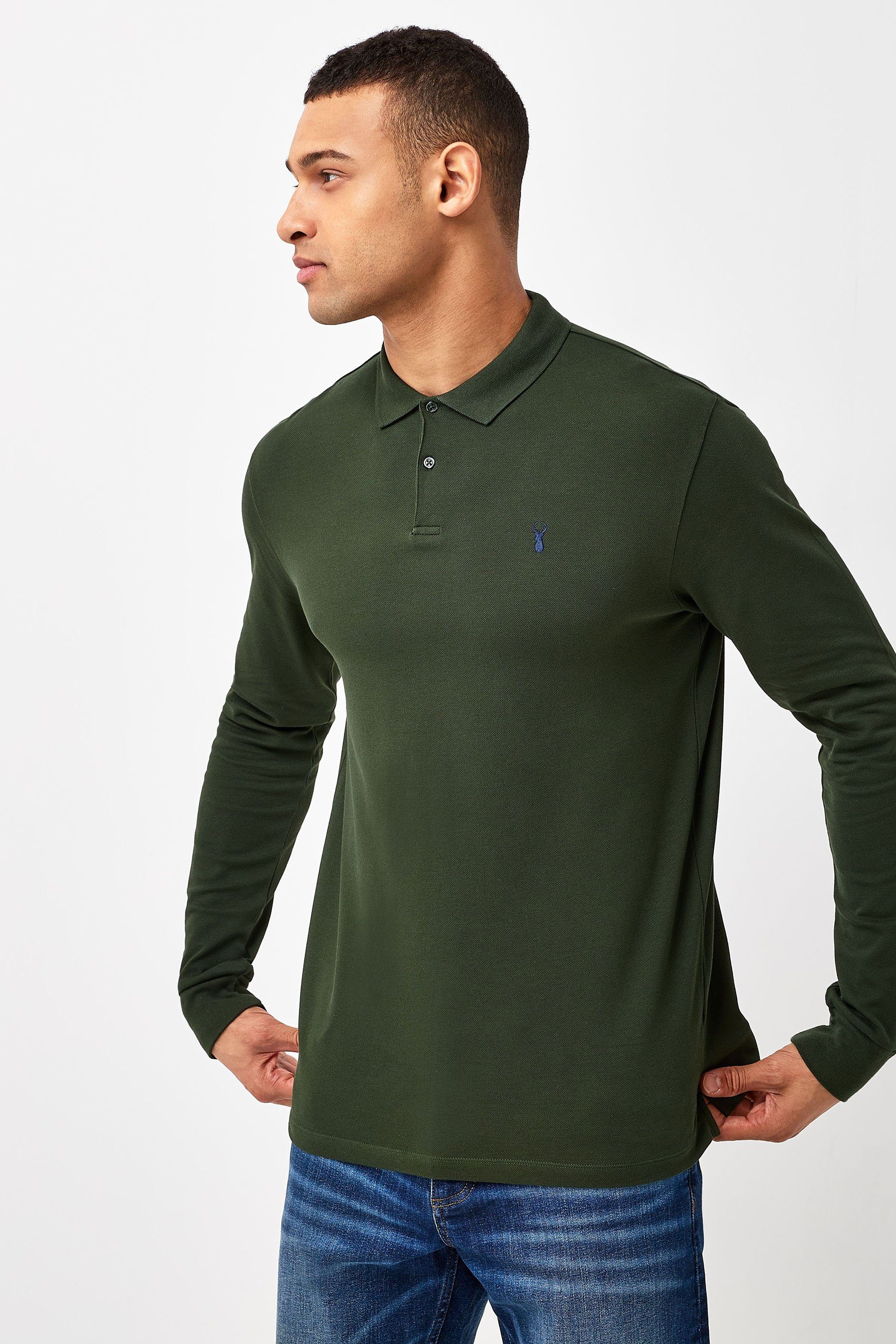 Langärmeliges Pikee-Poloshirt (1-tlg) Langarm-Poloshirt Khaki Dark Green Next