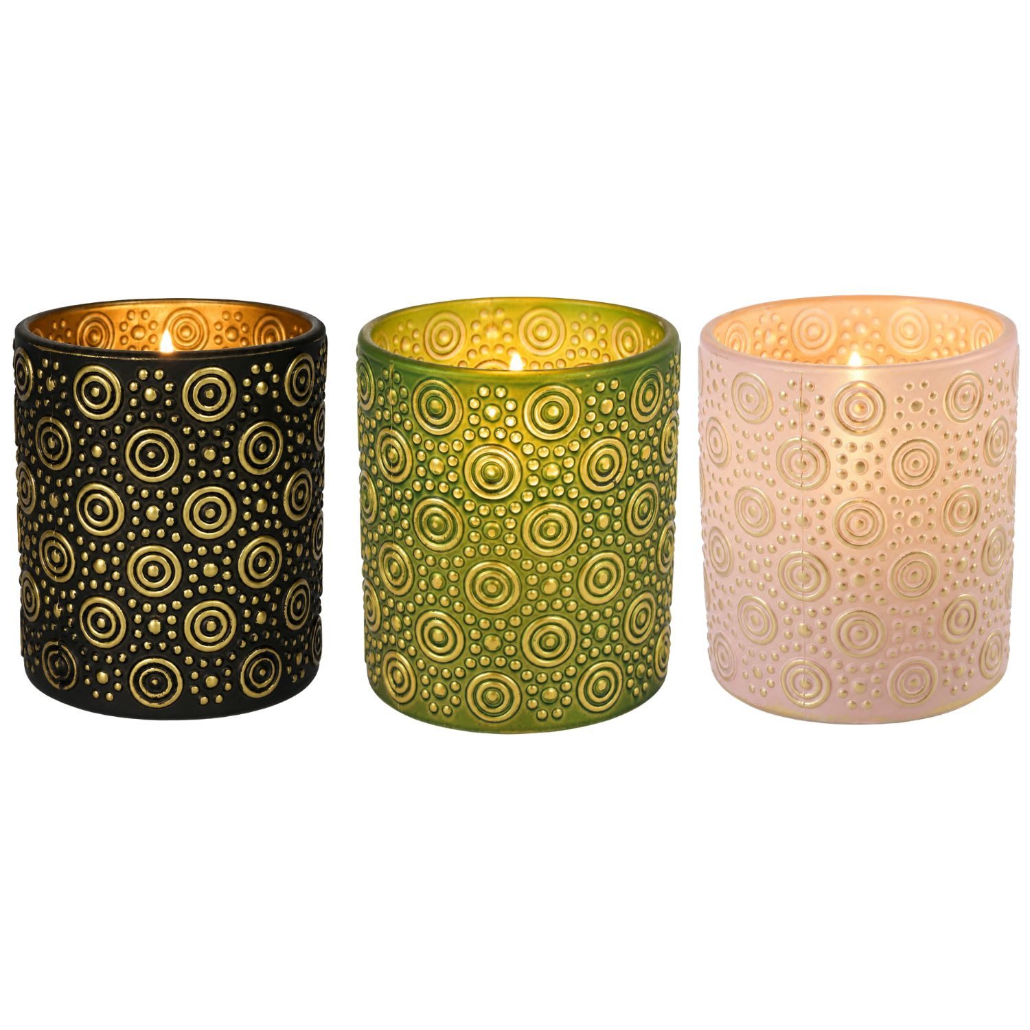Marrakesch Orient & Mediterran Interior Windlicht Windlicht Hailey 3er Set klein Glas Schwarz Gold Rosa Grün 10 cm edel (3 St), Handarbeit