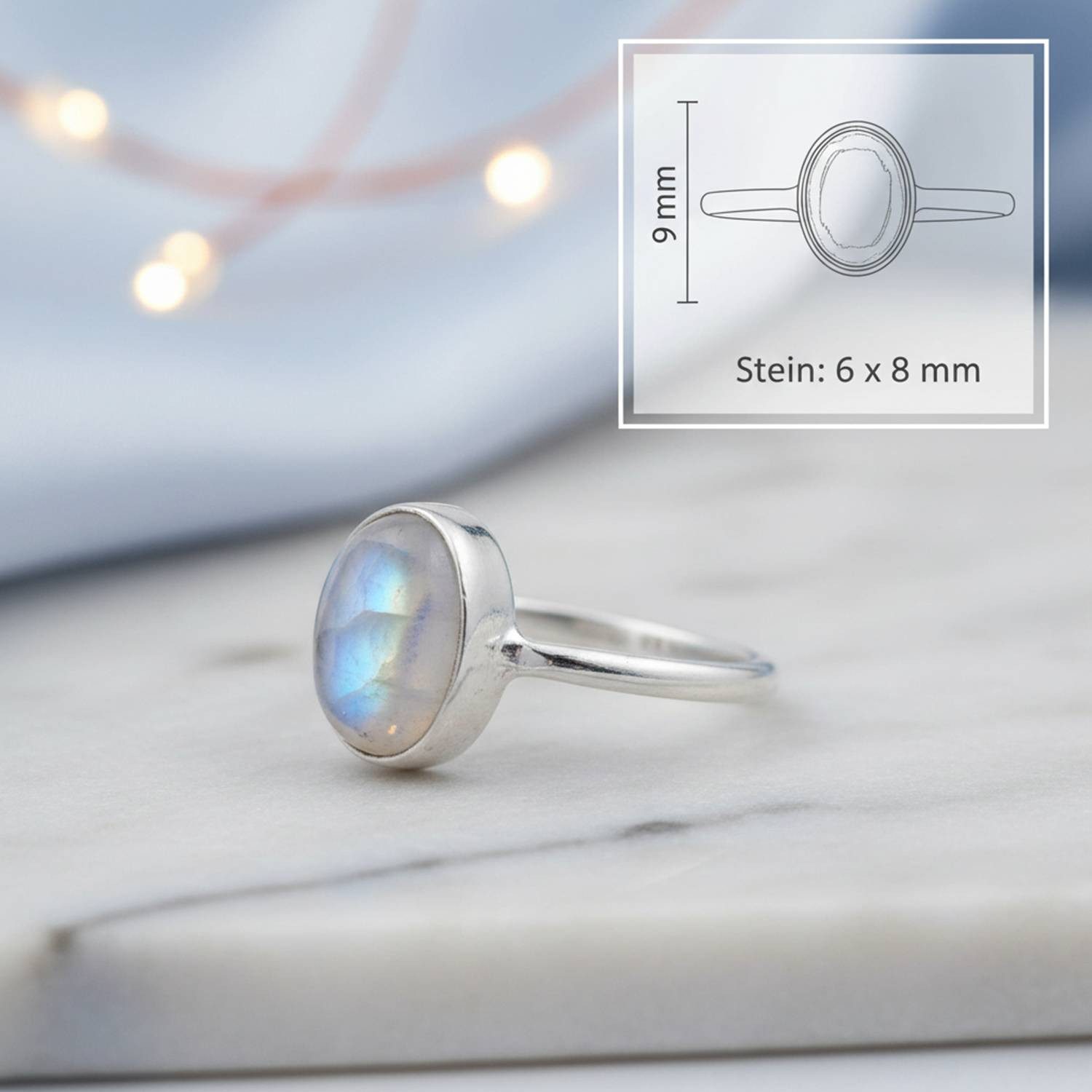 mantraroma Silberring SAMA oval aus 925 Silber mit Regenbogen Mondstein (Ring mit Schmuckbeutel), Damenring aus 925er Silber