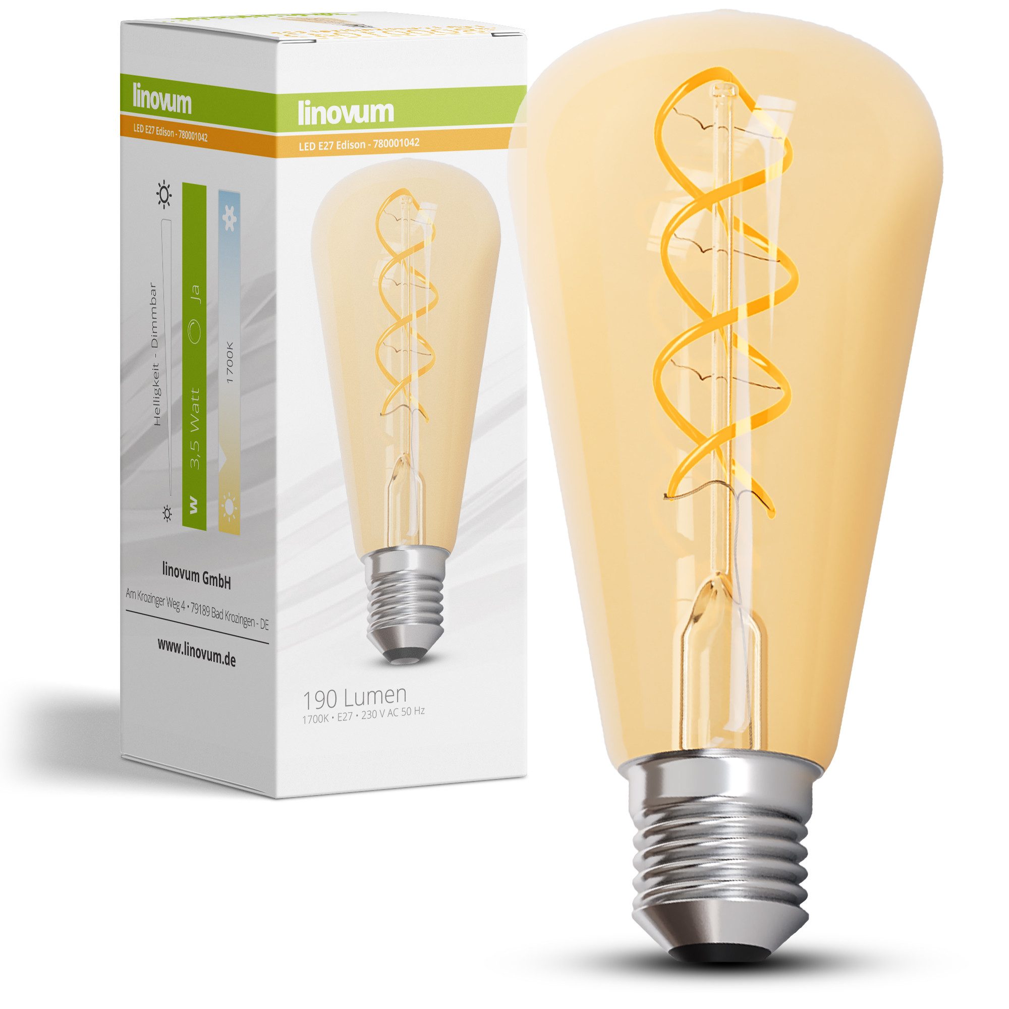linovum LED-Leuchtmittel E27 LED Filament Leuchtmittel Edison 3,5W extra warmweiß 1700K dimmbar, E27, Warmweiß