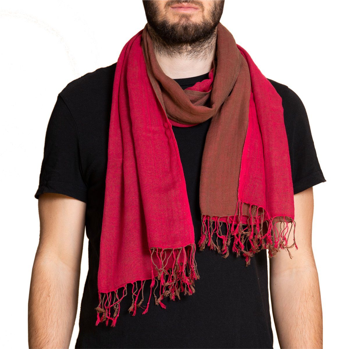 elegantes Halstuch braun auch Schultertuch oder Schal als kleinen farbigen PANASIAM Fransen mit zweifarbig tragbar, Stola Baumwolle schönen aus Designs in rot