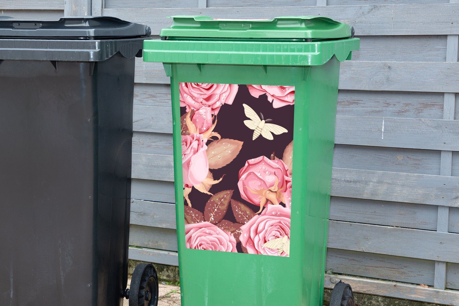 MuchoWow Wandsticker Sticker, Tropfen Mülleimer-aufkleber, Rosen - Container, - Schmetterlinge St), Mülltonne, (1 Abfalbehälter