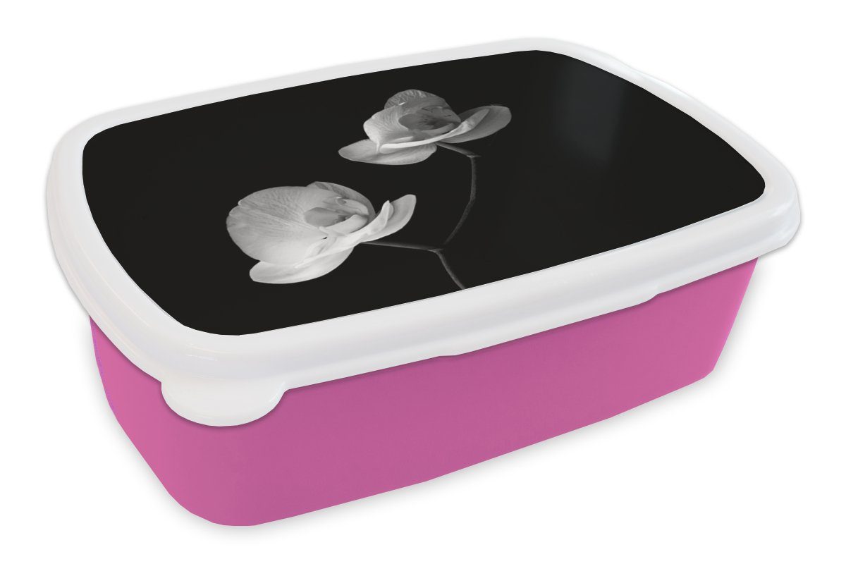 MuchoWow Lunchbox Orchidee - Blumen - Schwarz - Weiß - Stilleben, Kunststoff, (2-tlg), Brotbox für Erwachsene, Brotdose Kinder, Snackbox, Mädchen, Kunststoff rosa