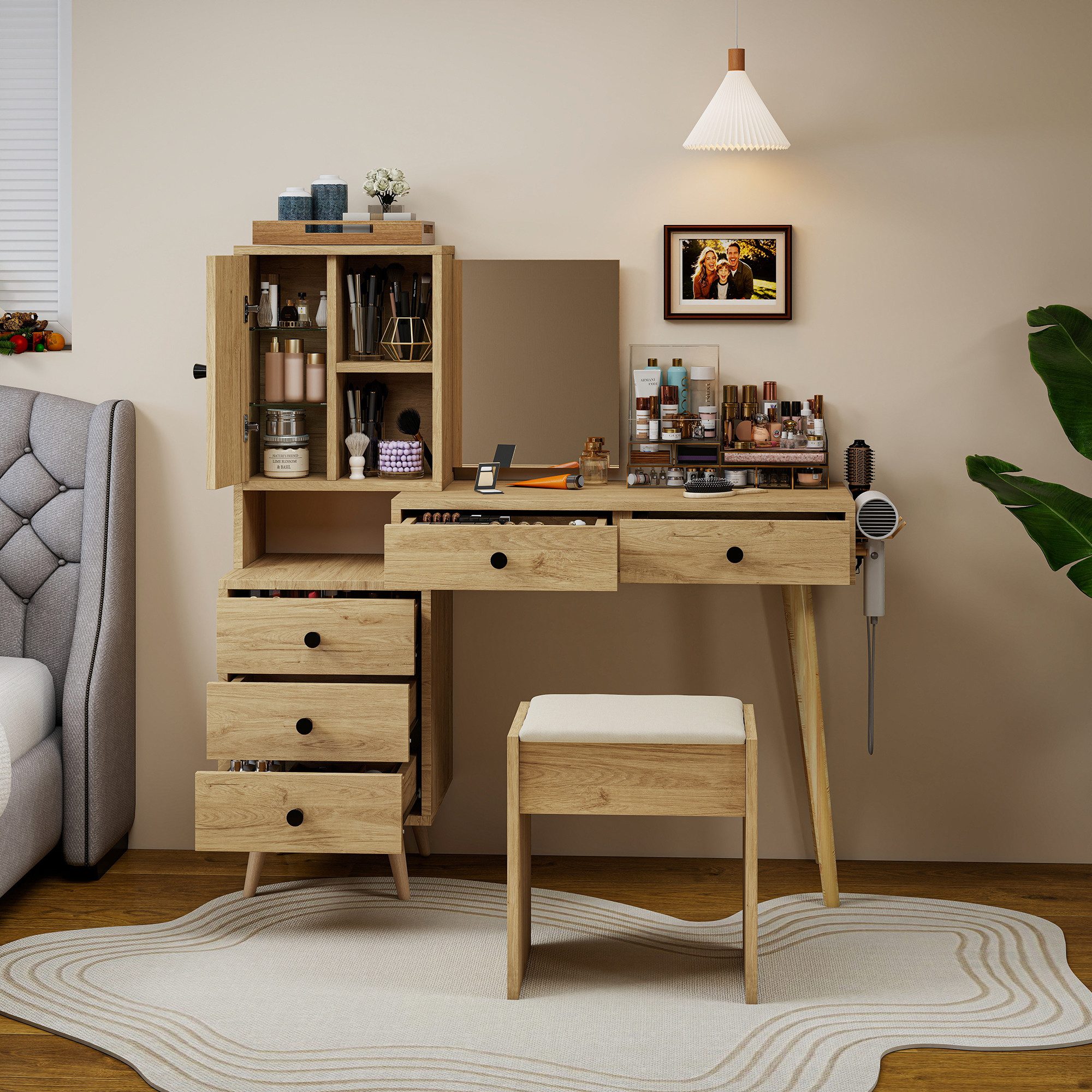 Odikalo Schminktisch Kosmetiktisch kommode mit Spiegel und Stauraum (Moderner Schminktisch, der Spiegel ist versenkbar, Ausgestattet mit 5 Schubladen, einem Seitenschrank und einem beigen gepolsterten Hocker)