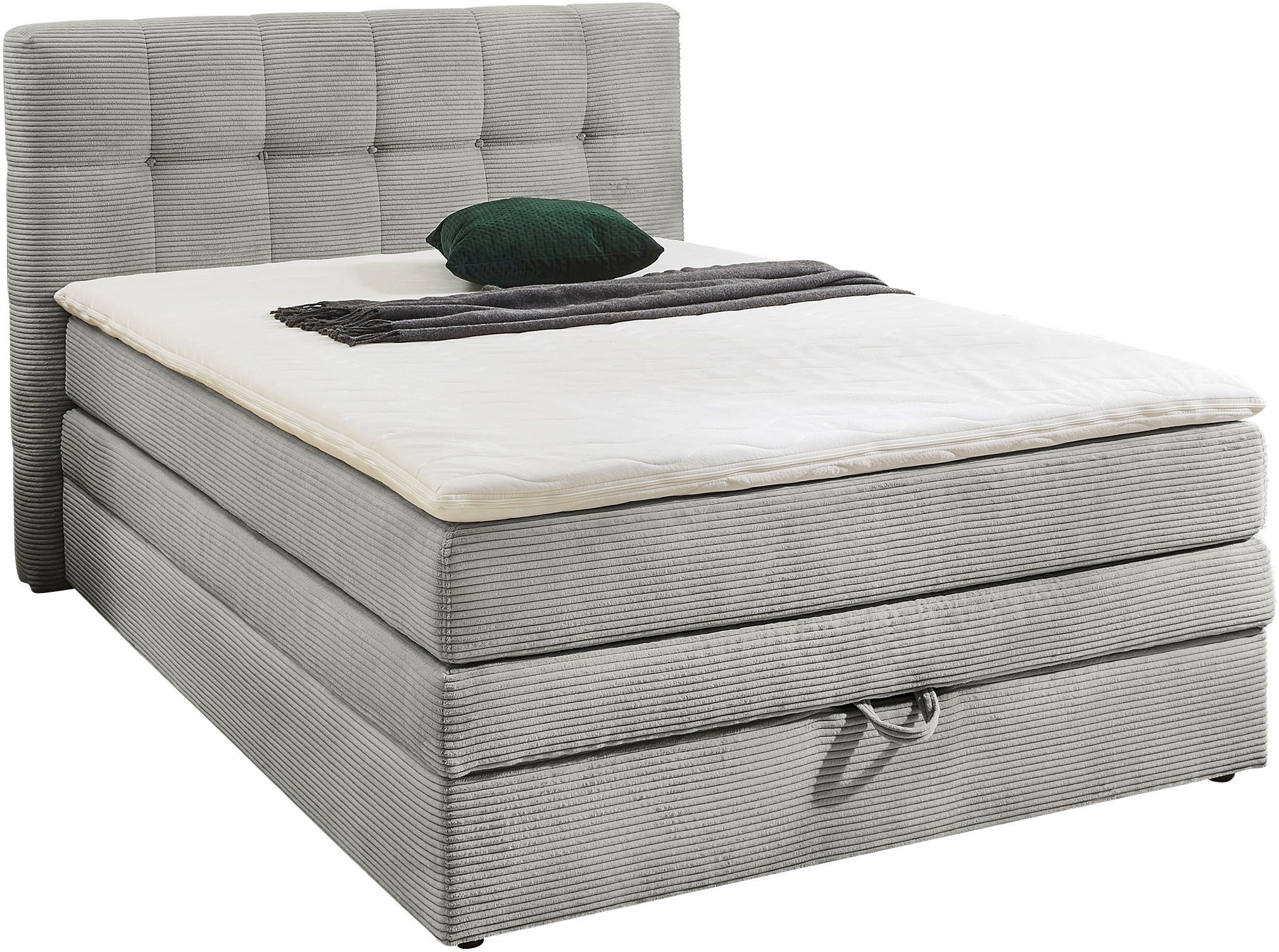 Jockenhöfer Gruppe Boxspringbett AMY mit Bettkasten, inkl. Bonnell- oder Taschenfederkernmatratze H2-H4, mit 6 cm Kaltschaum-Topper, Cord-Bezug, 120x200 und 140 – Bild 2 von 5